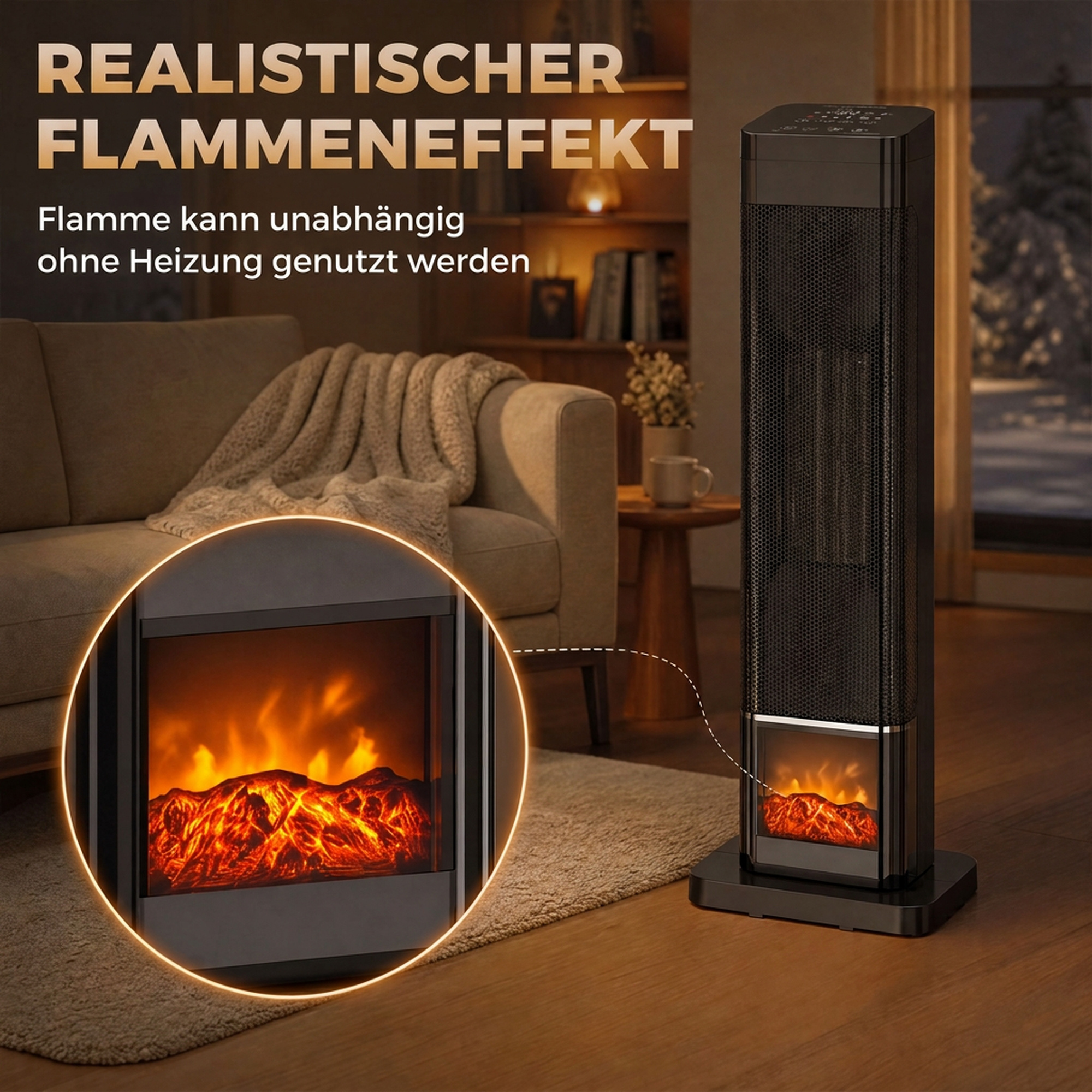 Heizlüfter 2000W Keramik Flammeneffekt Thermostat Elektroheizung Fernbedienung Schwarz