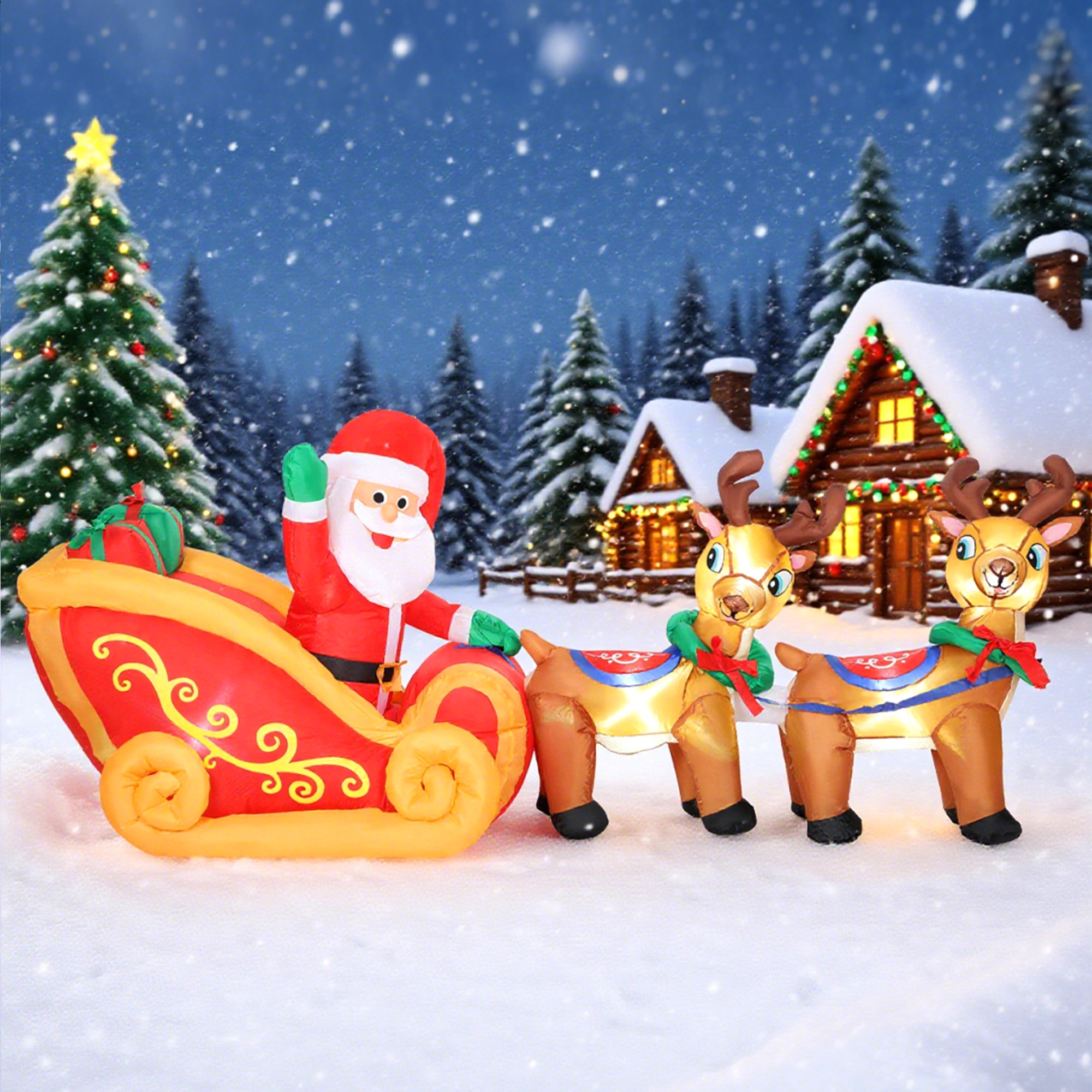 Aufblasbare Weihnachtsdekoration, Weihnachtsmann im Rentierschlitten, Polyester