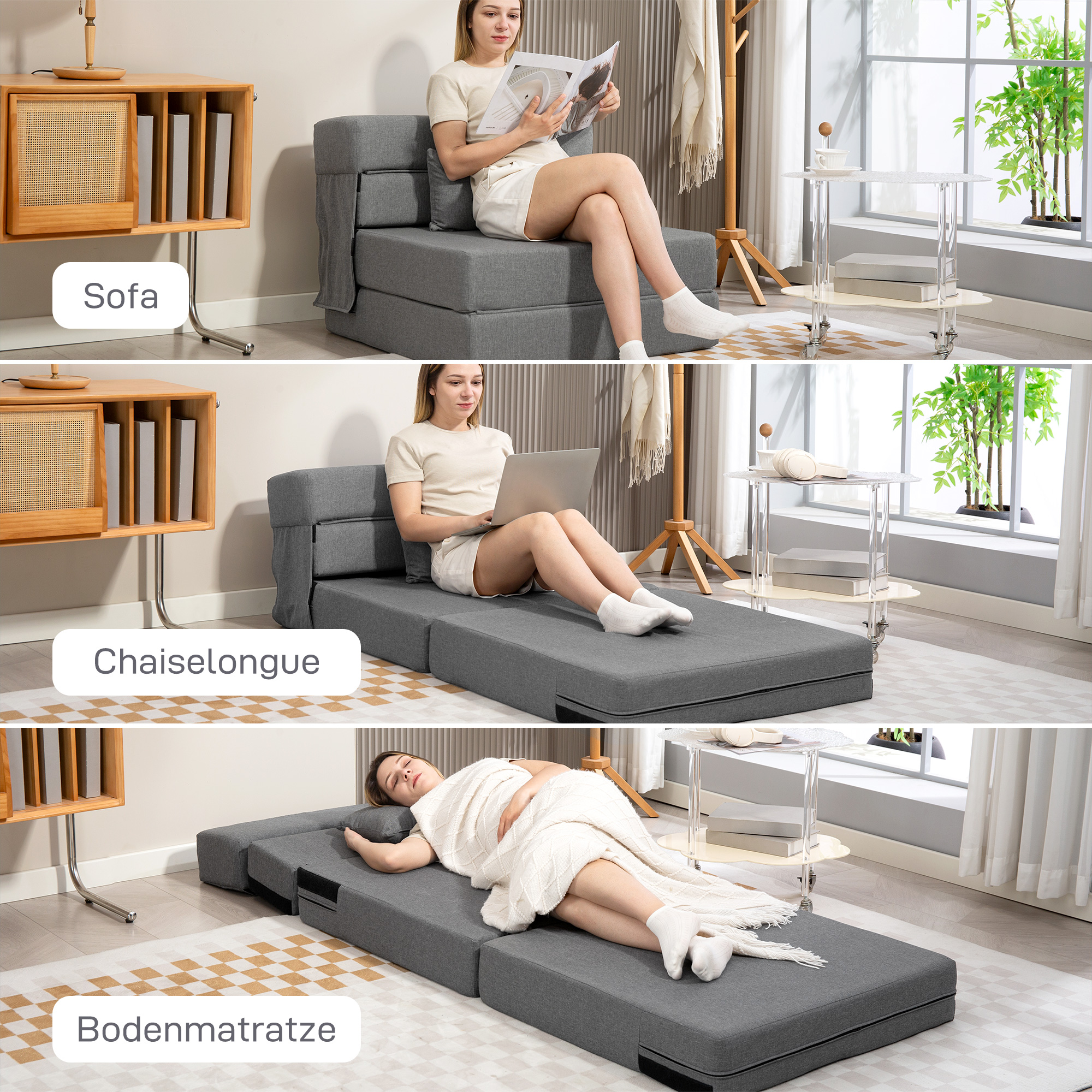 Bodensofa, Polstercouch, in Matratze umwandelbar, Schaumstoff, Kissen, Grau