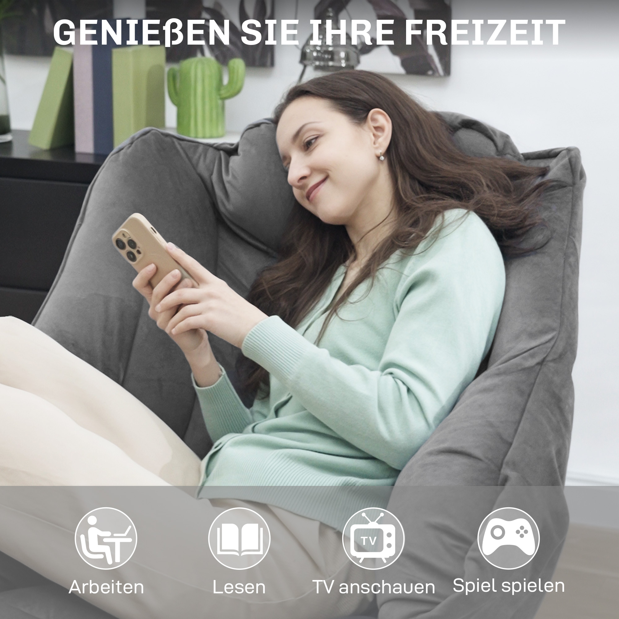 Moderner Akzentstuhl, Polsterstuhl mit Stahlbeinen und Seitentaschen, für Wohnzimmer, Schlafzimmer, Grau