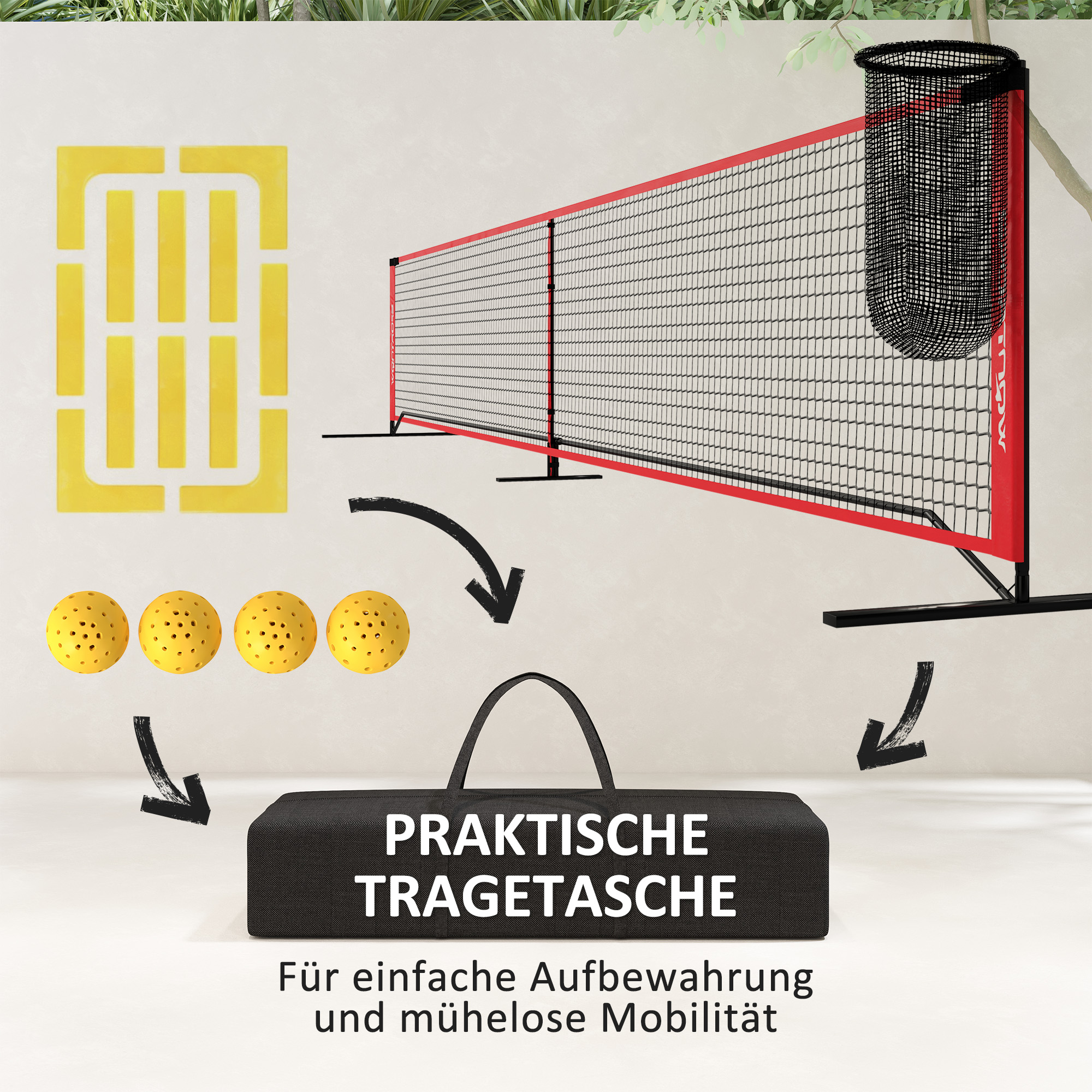Pickleball-Set mit Netz, Ständer, Bällen, Stahl, Kunststoff, Rot