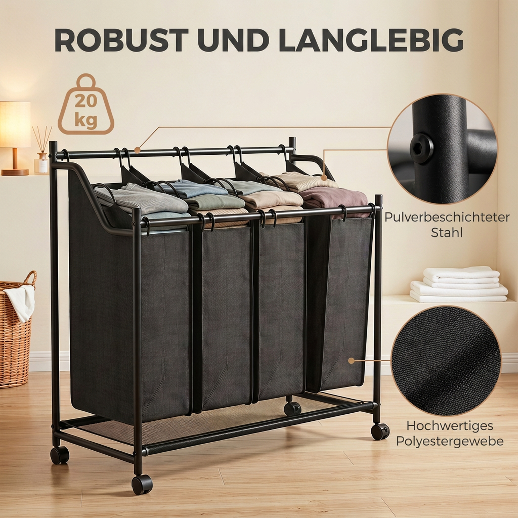 Wäschesammler mit Griff, 108 L rollbarer Wäschekorb mit 4 Fächern und Rollen, Schwarz