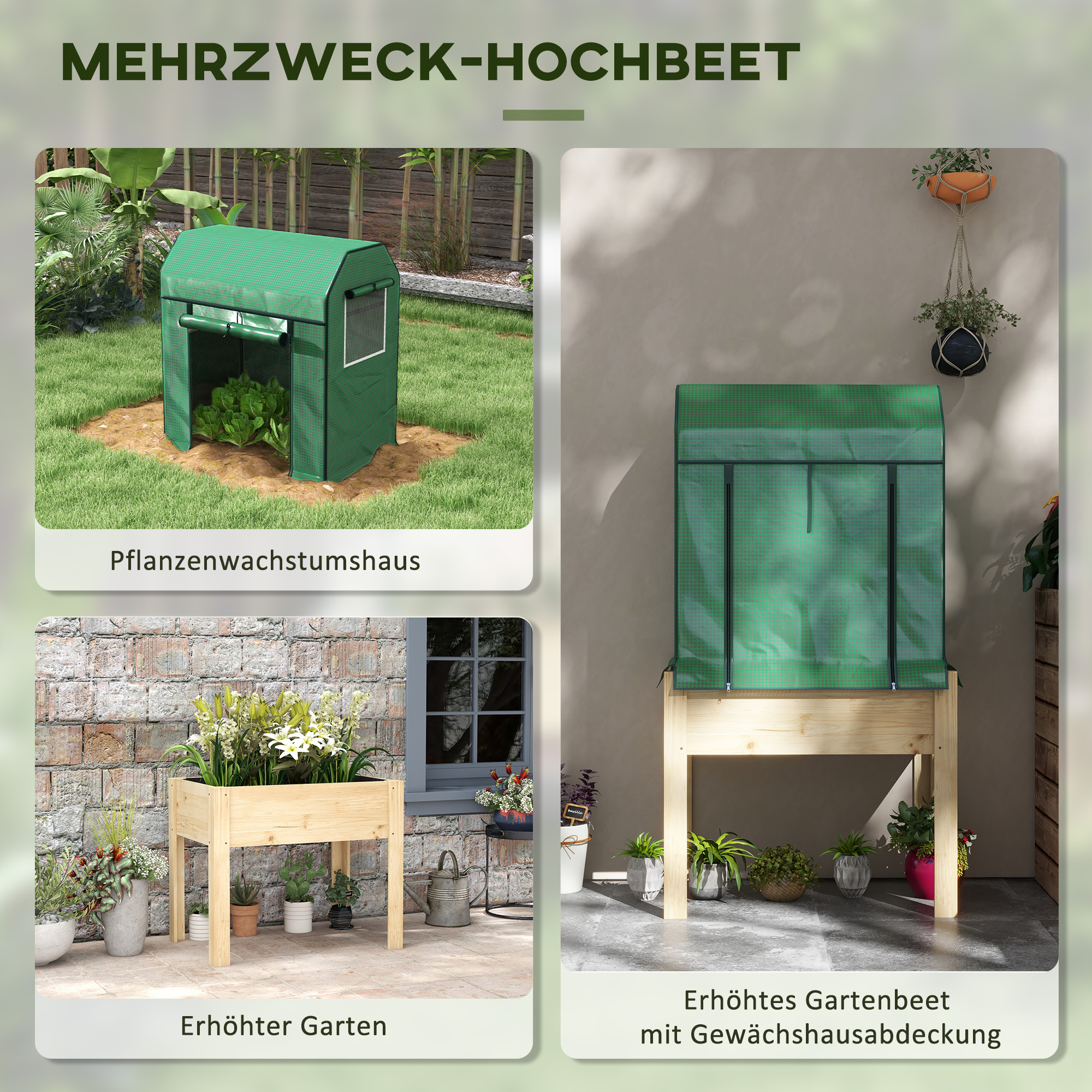 2-in-1 Hochbeet Pflanzenkasten Frühbeet Gewächshaus, 86  cm x 60cm x 165 cm, Natur + Grün