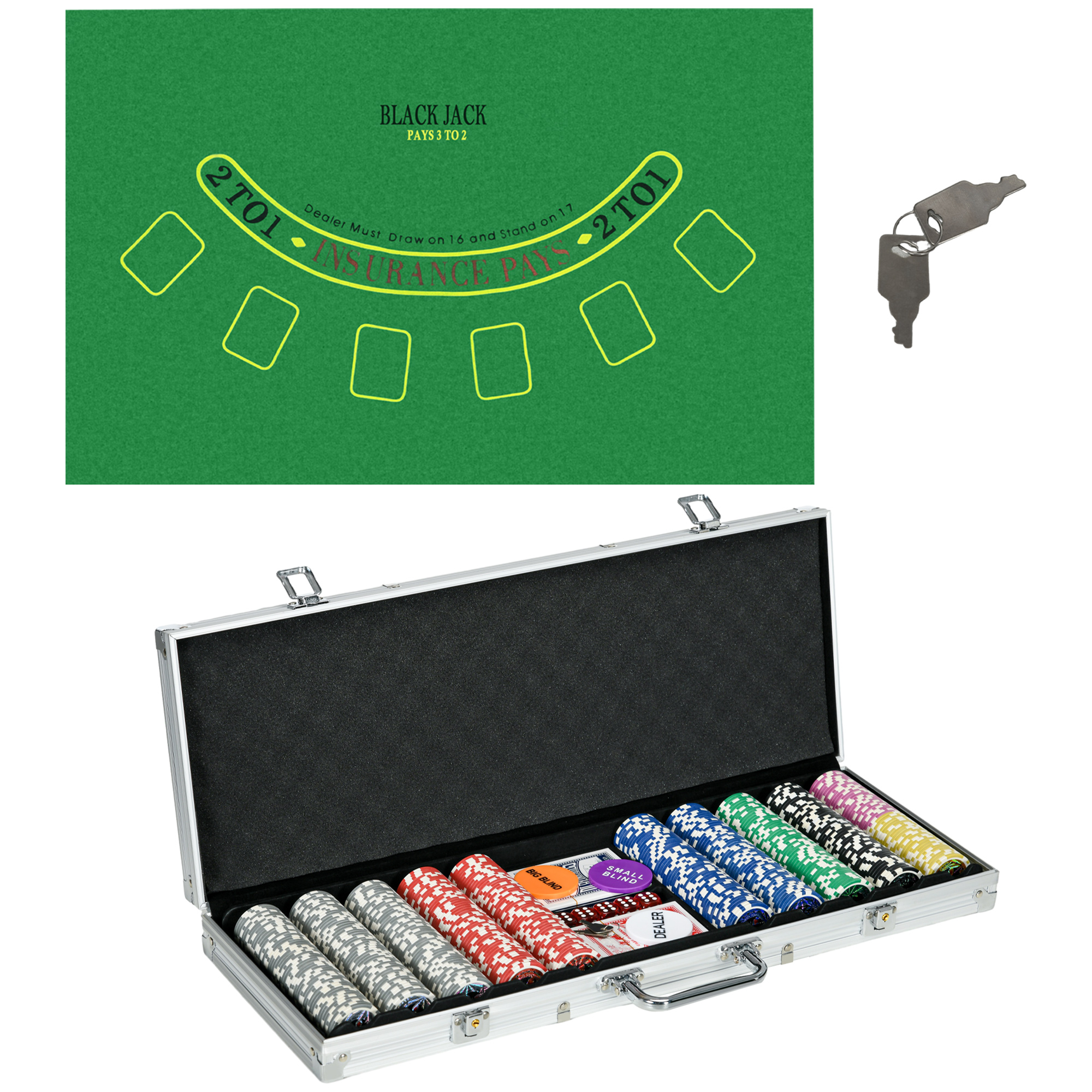 Casinozubehör und Chips Pokerset mit Chips Pokerchip-Koffer, inkl. Unterlage,  500 Chips, Set für 9-10 Spieler, Silber