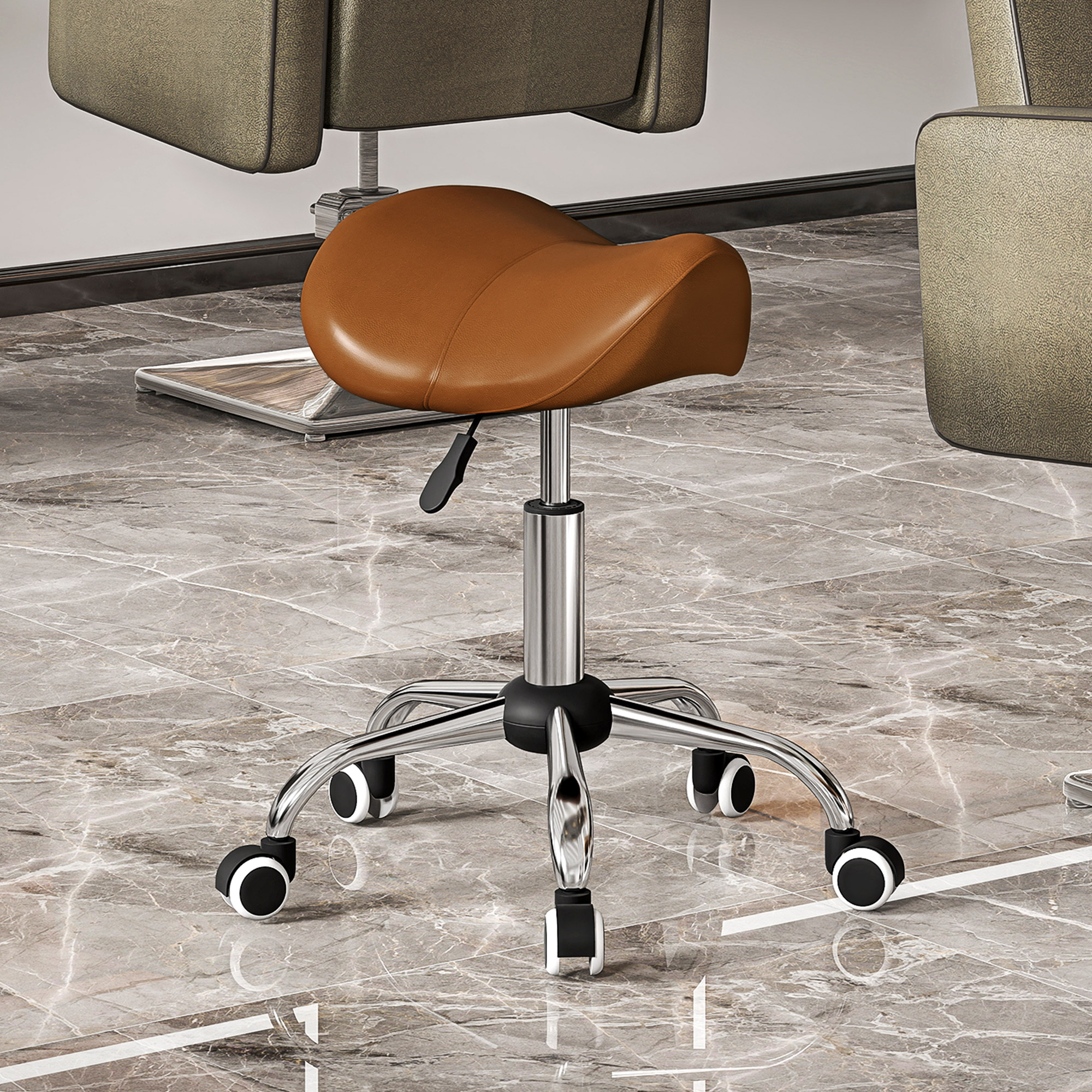 Rollhocker höhenverstellbar Drehhocker 49-61 cm Arbeitshocker drehbar Sattelhocker für Büro Salon Massage Spa Braun