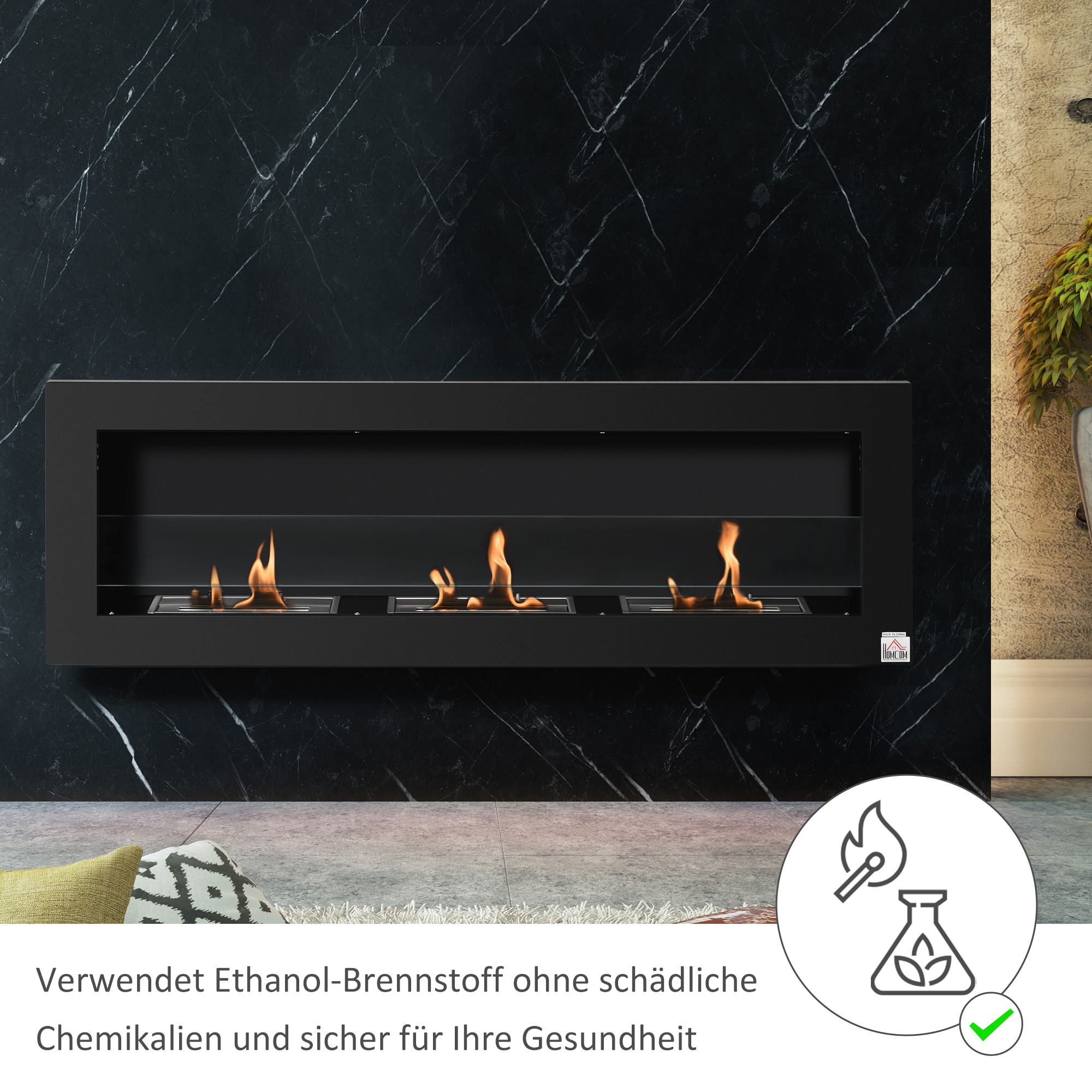 Ethanol-Kamin Bio-Ethanol-Brenner 3 Brennboxen 1L 3 Std, Brenndauer 2000W kein Rauch wandmontiert Stahl gehärtetes Glas Schwarz 120 x 15 x 40 cm