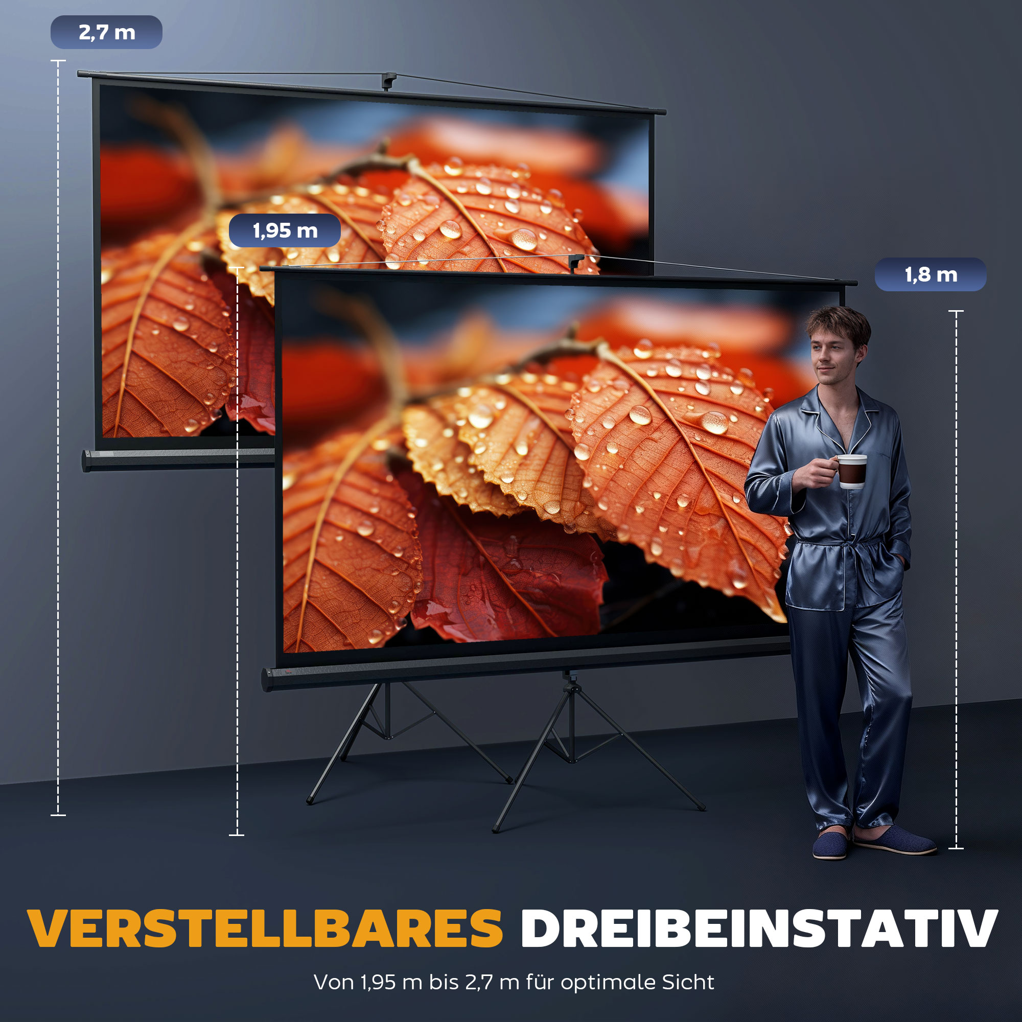 Beamer-Leinwand mit Stativ 221 x 124 cm 100 Zoll 16:9 HD 4K Rollo-Leinwand