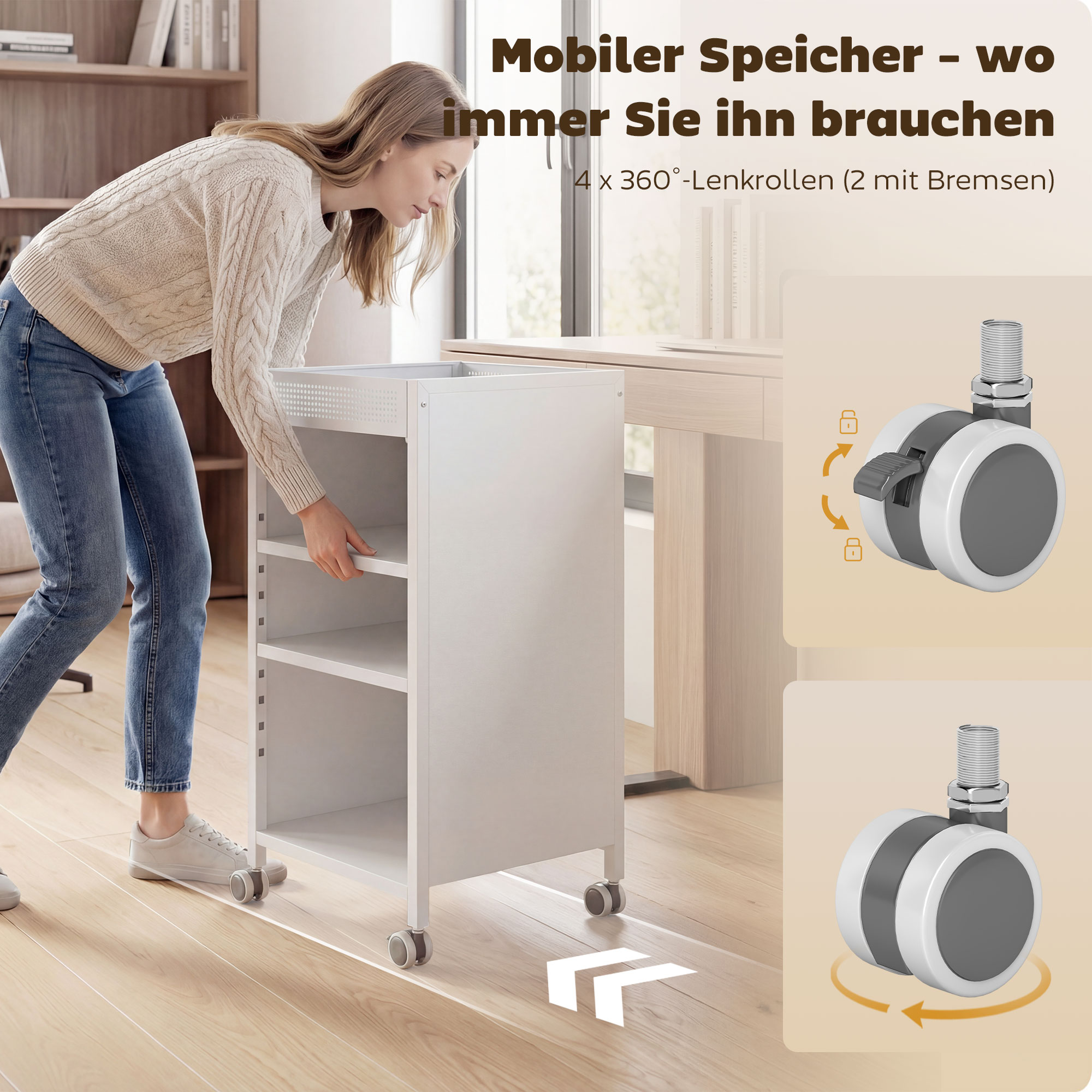 Bücherregal mobil mit verstellbaren Regalen, 3-stufiger Rollwagen mit oberem Korb, Weiß