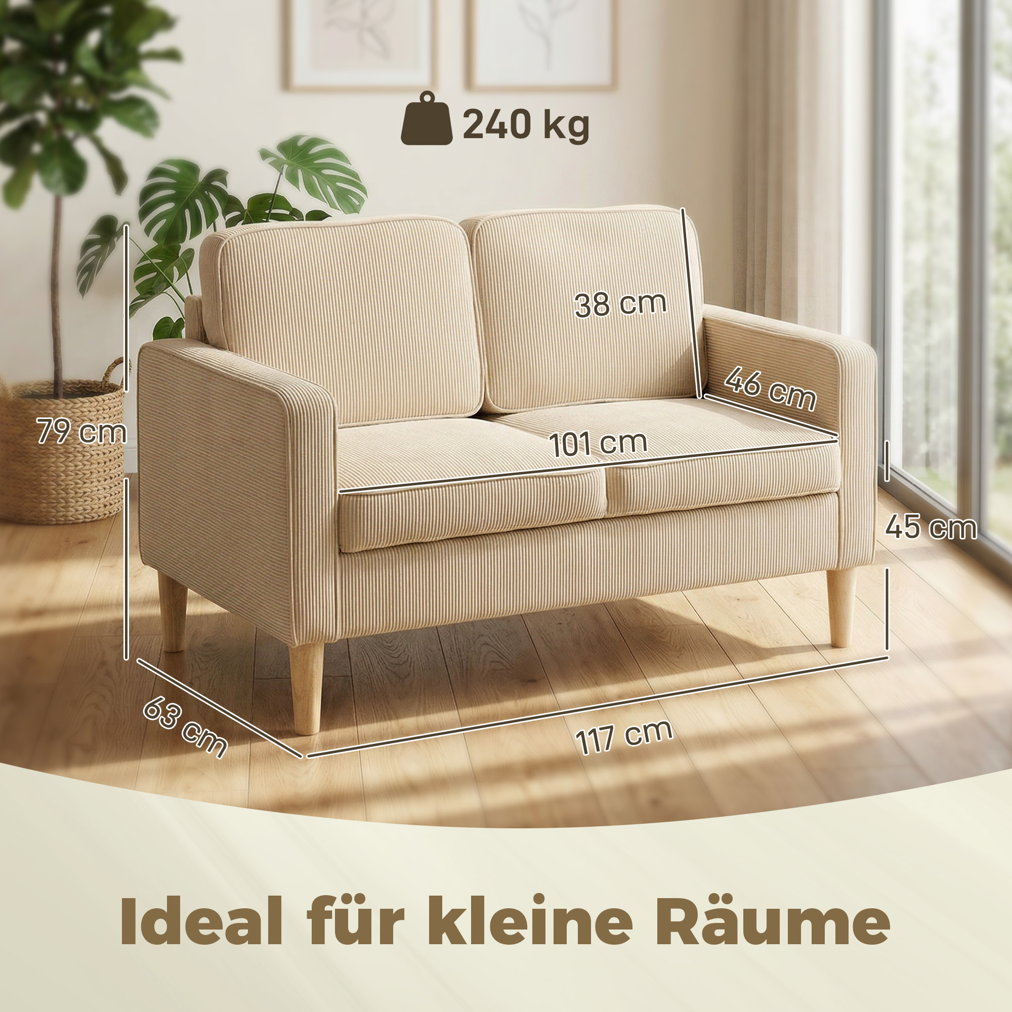 Sofa 2 Sitzer Couch mit 2 Wurfkissen, Stauraum Massivholzfüßen Kleine modern Loveseat Corduroy 117 x 63 x 79 cm Beige