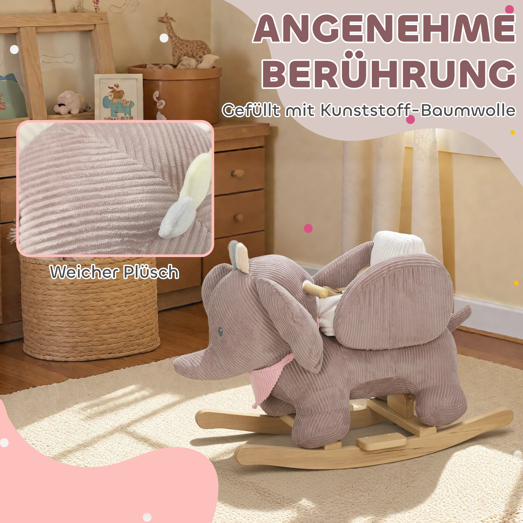 Schaukeltier, Elefant-Schaukel, interaktive Tiergeräusche, Holzrahmen, für Kinder 1,5-3 Jahre, 65 x 35 x 50 cm, Braun