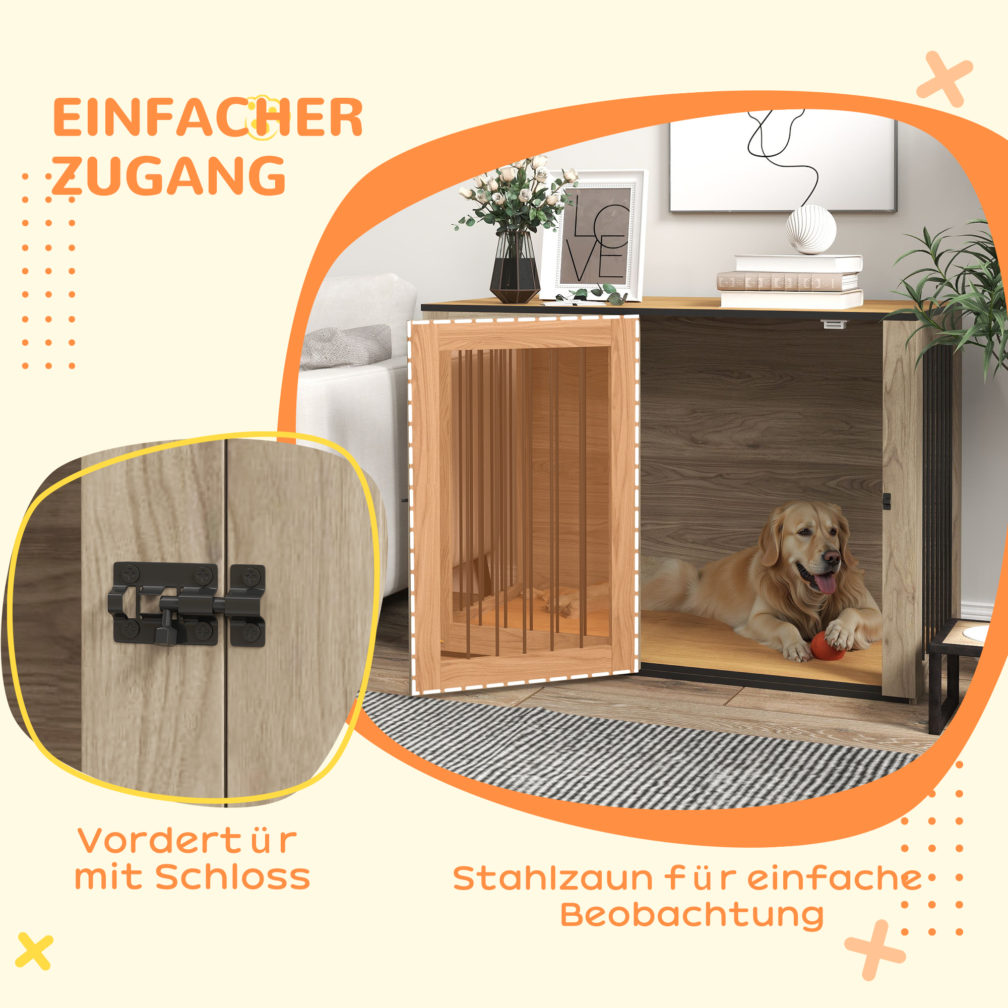 Hundebox, Haustierbox für große Hunde, Hundehütte, Indoor, 106 x 60 x 76 cm, Eiche