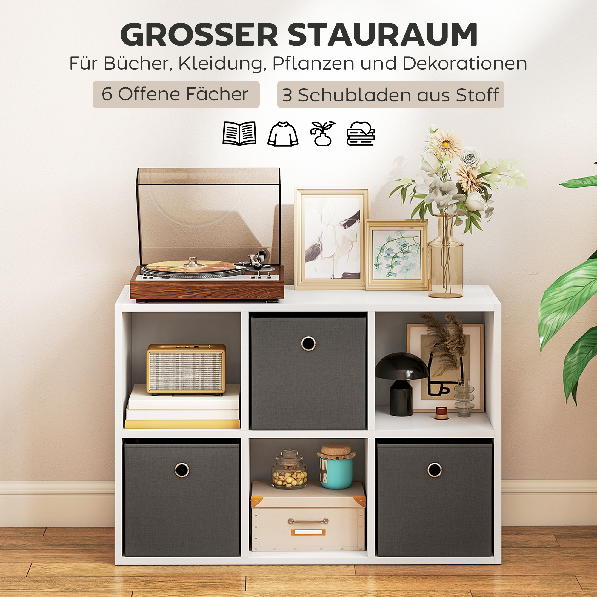 Regal mit 6 Fächern und 3 Stoffschubladen, Aufbewahrungsregal, vielseitig, Grau