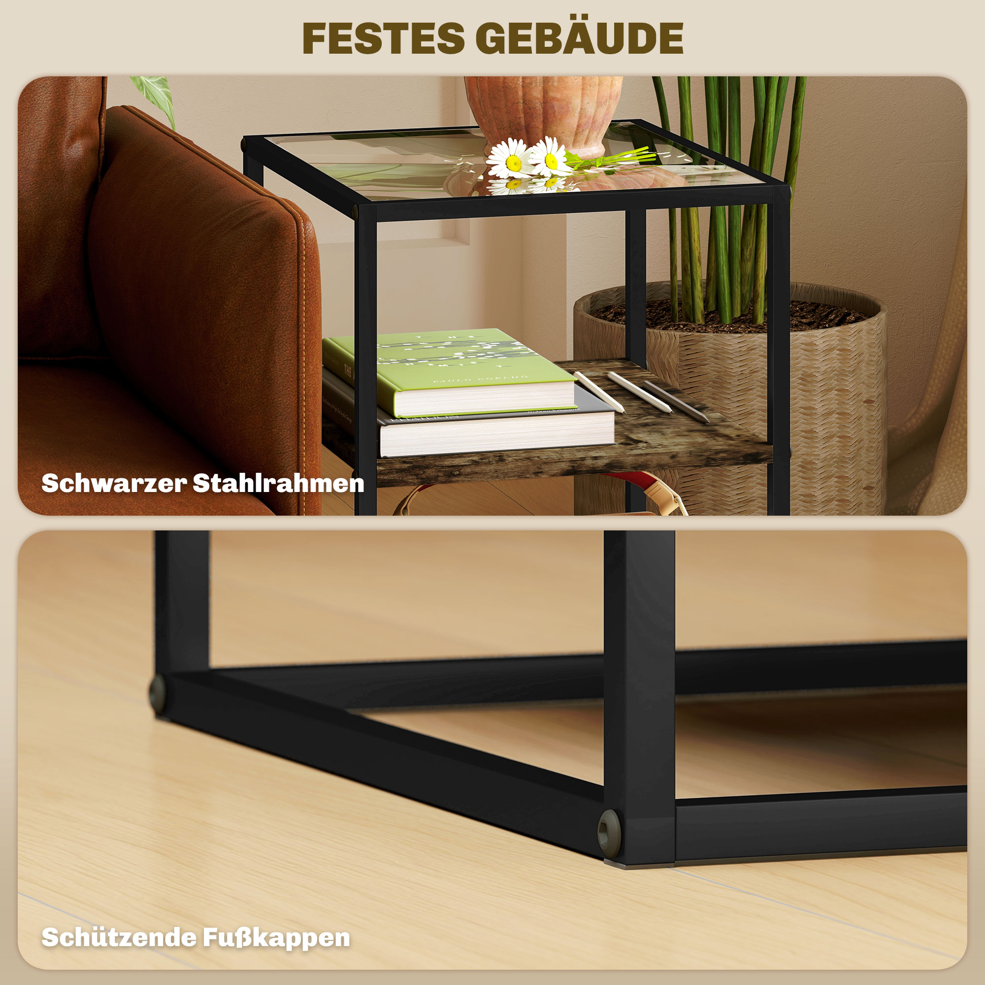 2er-Set Beistelltische mit Glasplatte, 3-stufiges Design, Metallrahmen, für Wohnzimmer, Schlafzimmer, Braun