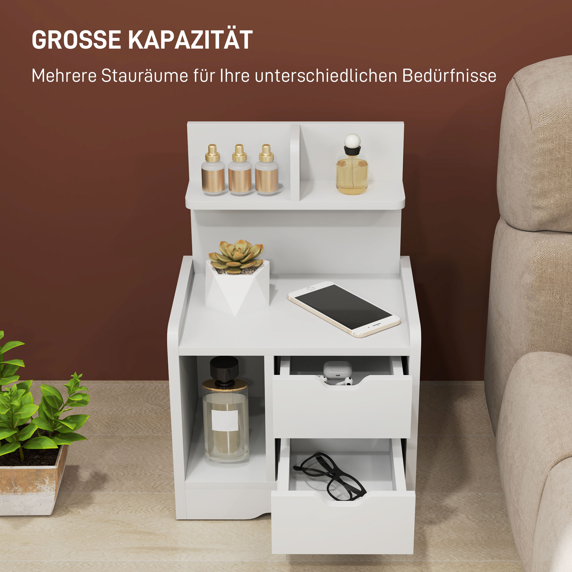 Nachttisch mit 2 Schubladen, offener Ablage, 40x30x60 cm, Weiß