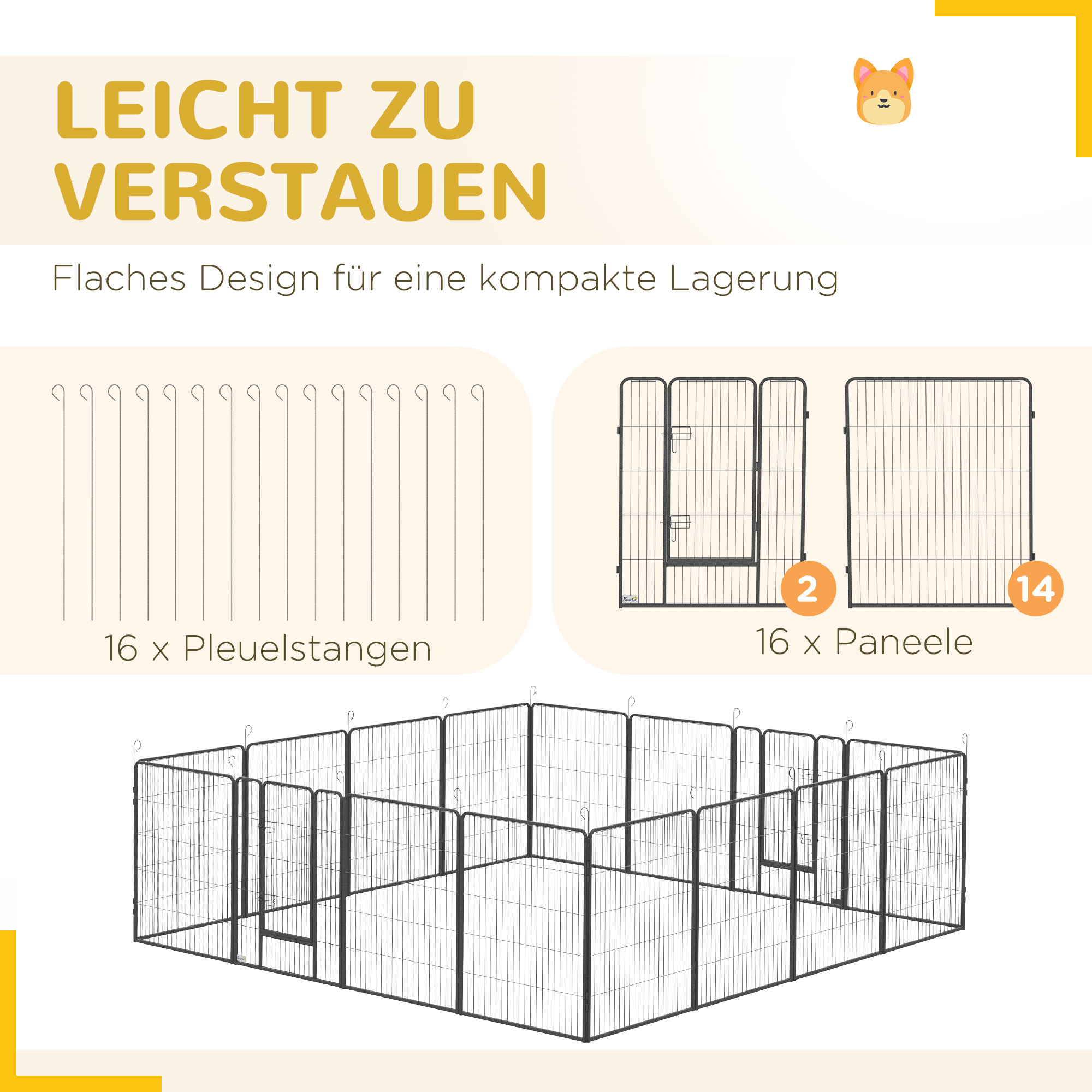 Welpenauslauf, modulares Design, 16 Elemente, 2 Türen, wetterfest, Stahl, 3,2 x 3,2 x 1 m, grau