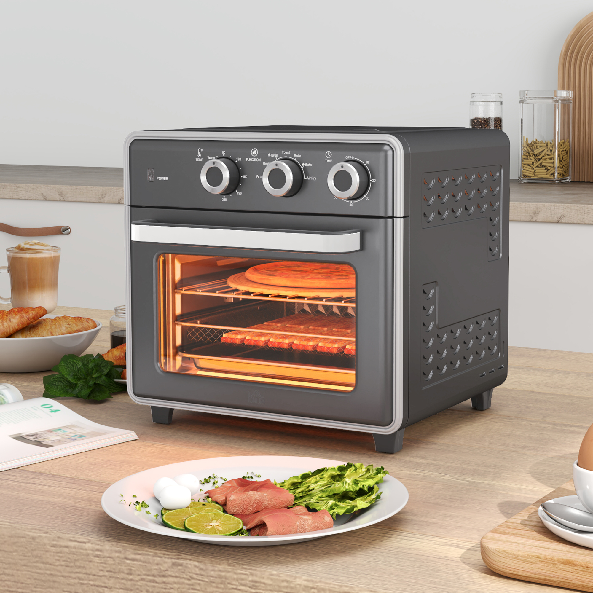 Minibackofen, 20L, 5 Funktionen, 360° Heißluft, Grillrost, Krümelblech, Grau