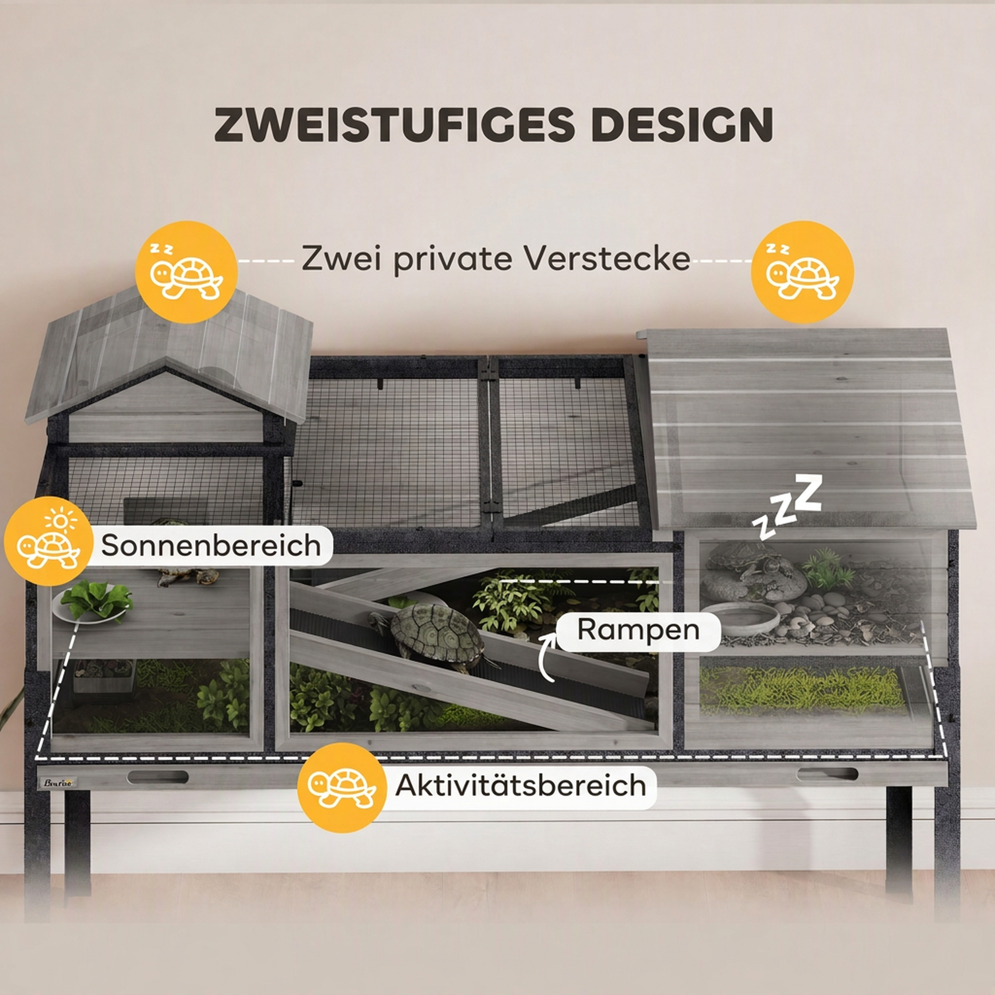 Schildkrötenhaus Holz 2-stöckig Schildkrötengehege mit 2 Haupthäuser Acrylfenster Klappdach herausziehbarer Wanne Grau