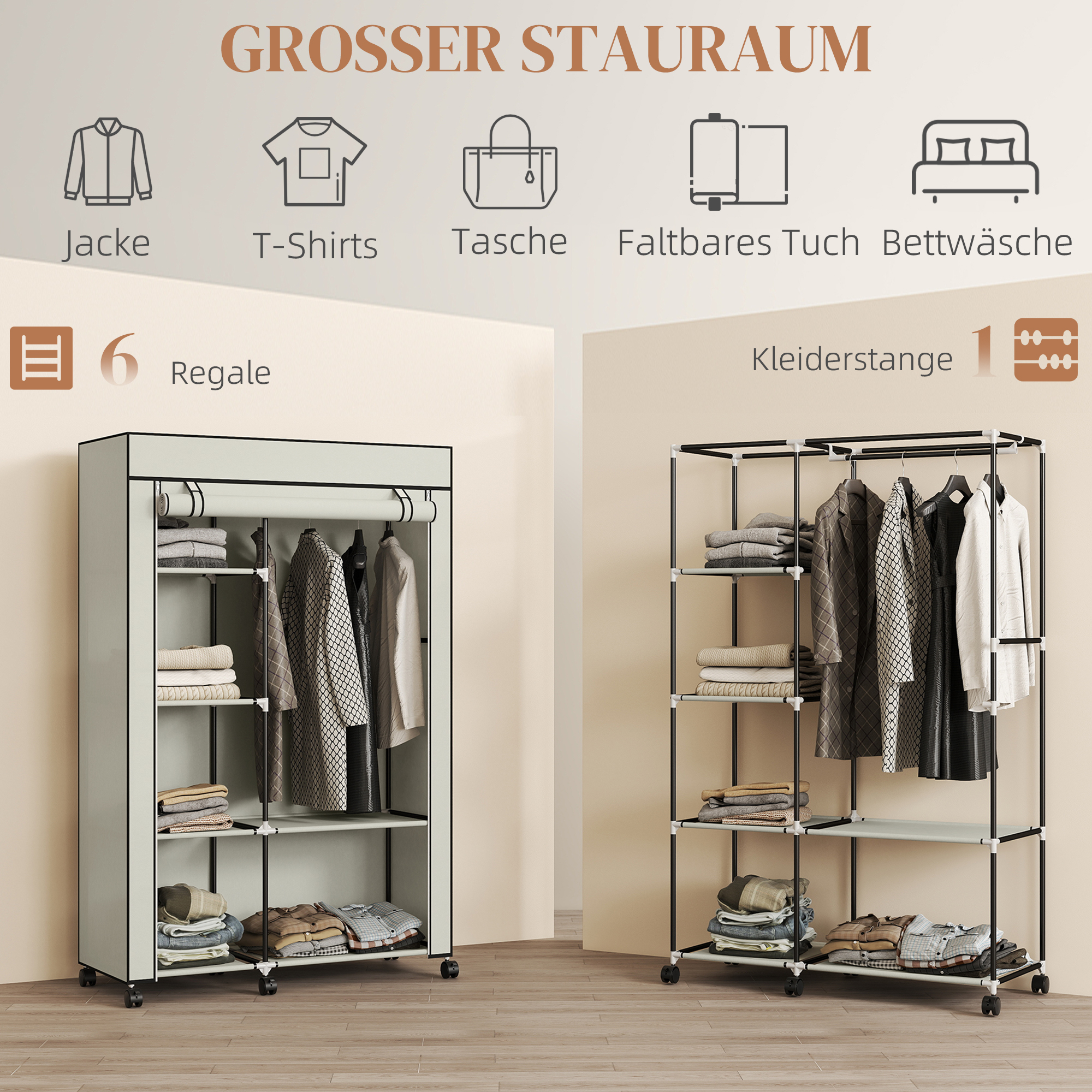 Schrank aus Stoff, Aufbewahrungslösung, 6 Regale, 1 Kleiderstange, Creme