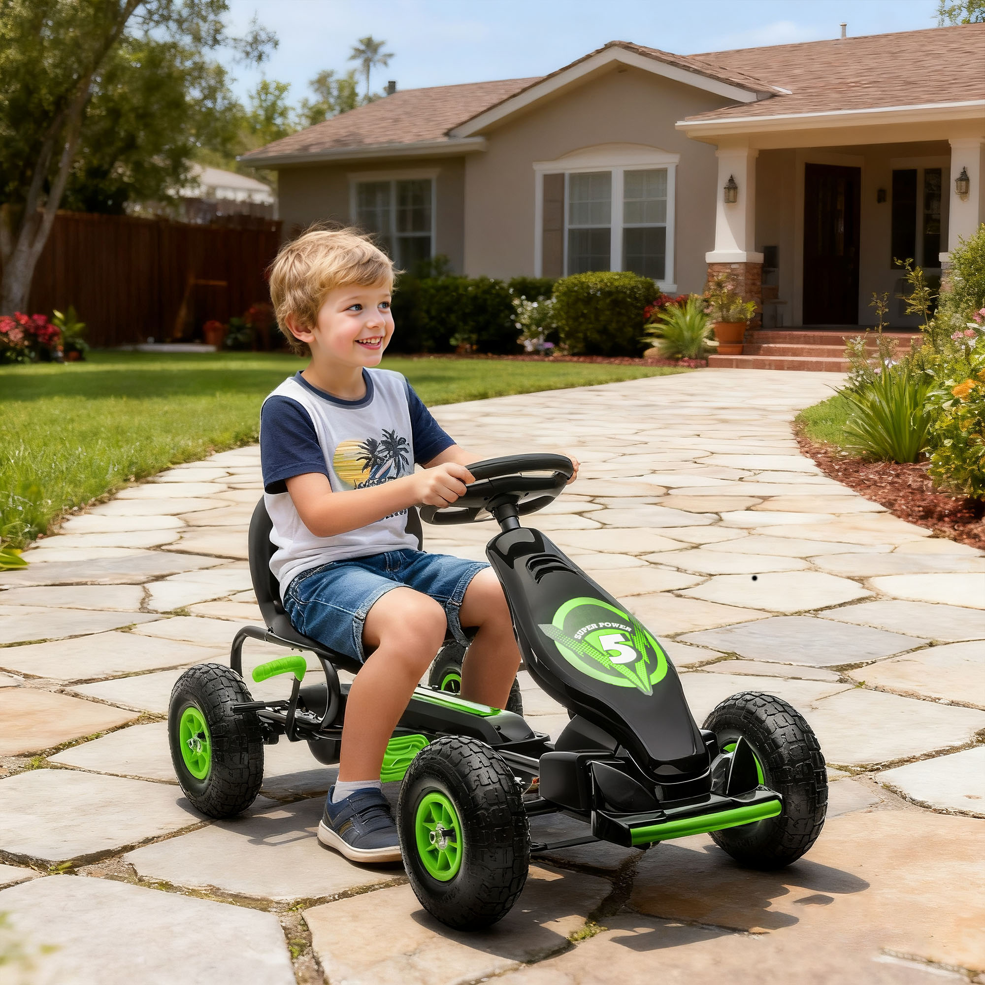 Kinder-Gokart, mit Pedalen, verstellbarem Sitz, In- und Outdoor, ab 5 Jahren, Grün+Schwarz, 121 x 58 x 61 cm