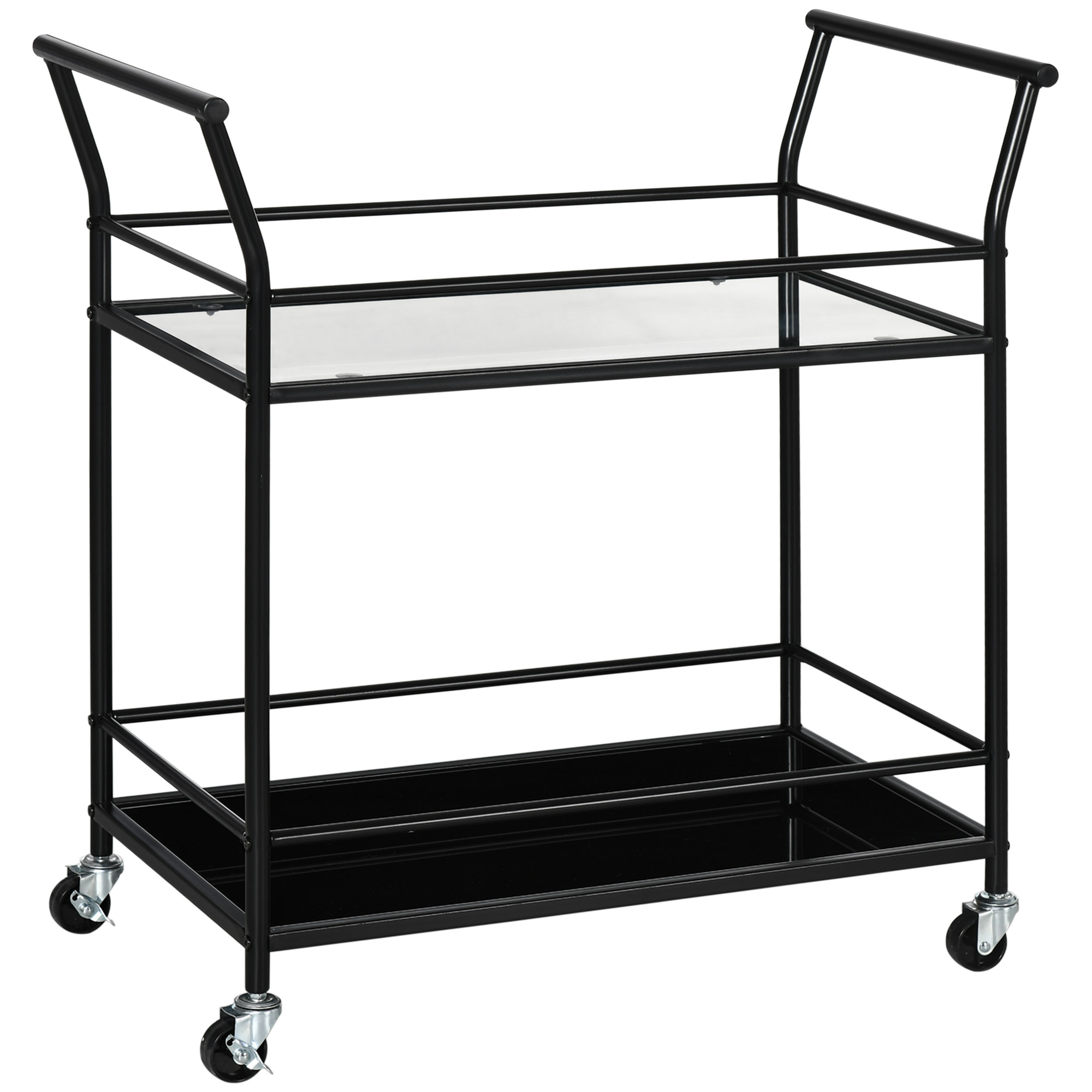 Küchenwagen mit 4 Rollen, 2 Ablagen und Griffen, 75 cm x 40 cm x 80 cm, Schwarz