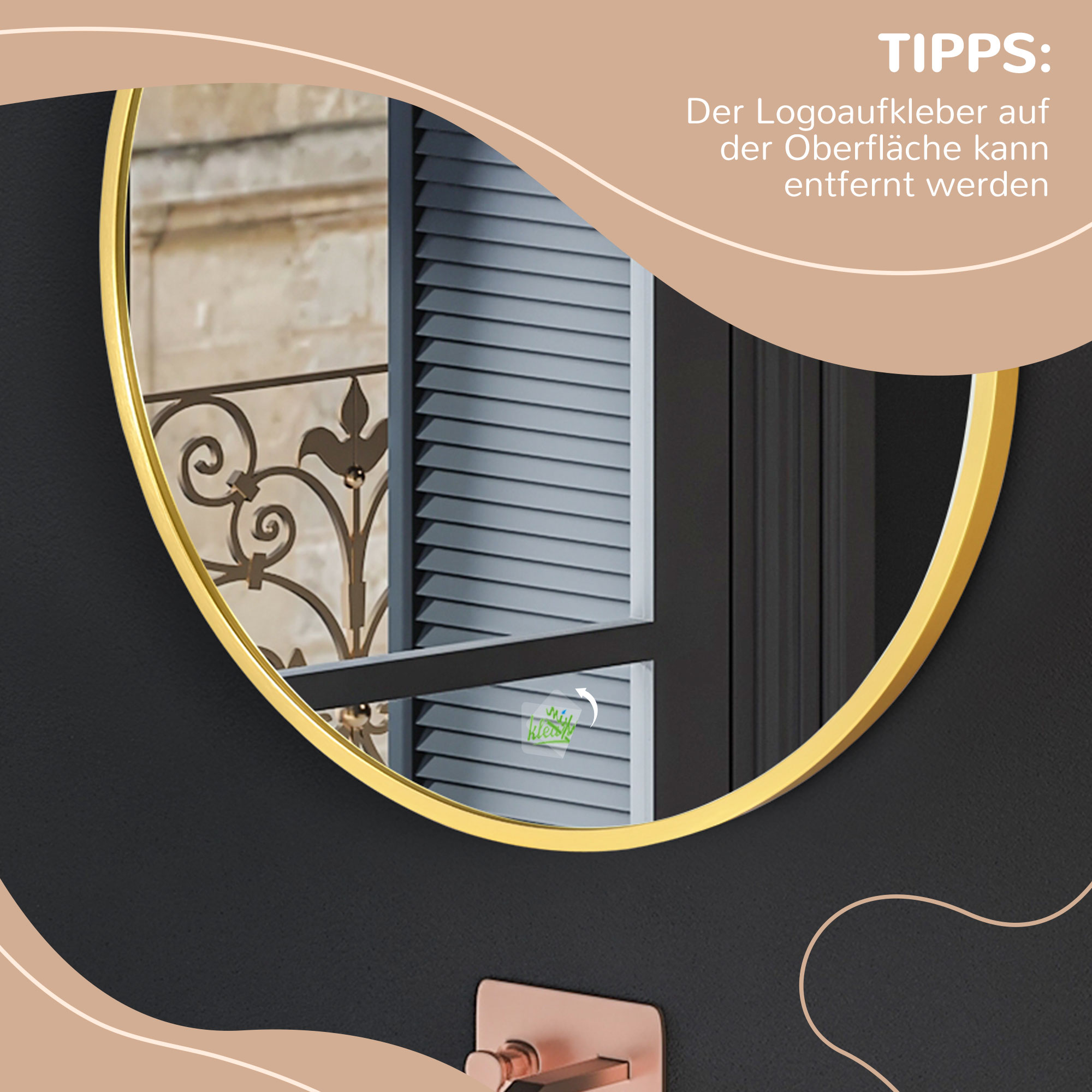 Runder Wandspiegel für Bad, Schlafzimmer, Flur, Metallrahmen, Farbe: Gold, Ø50 cm