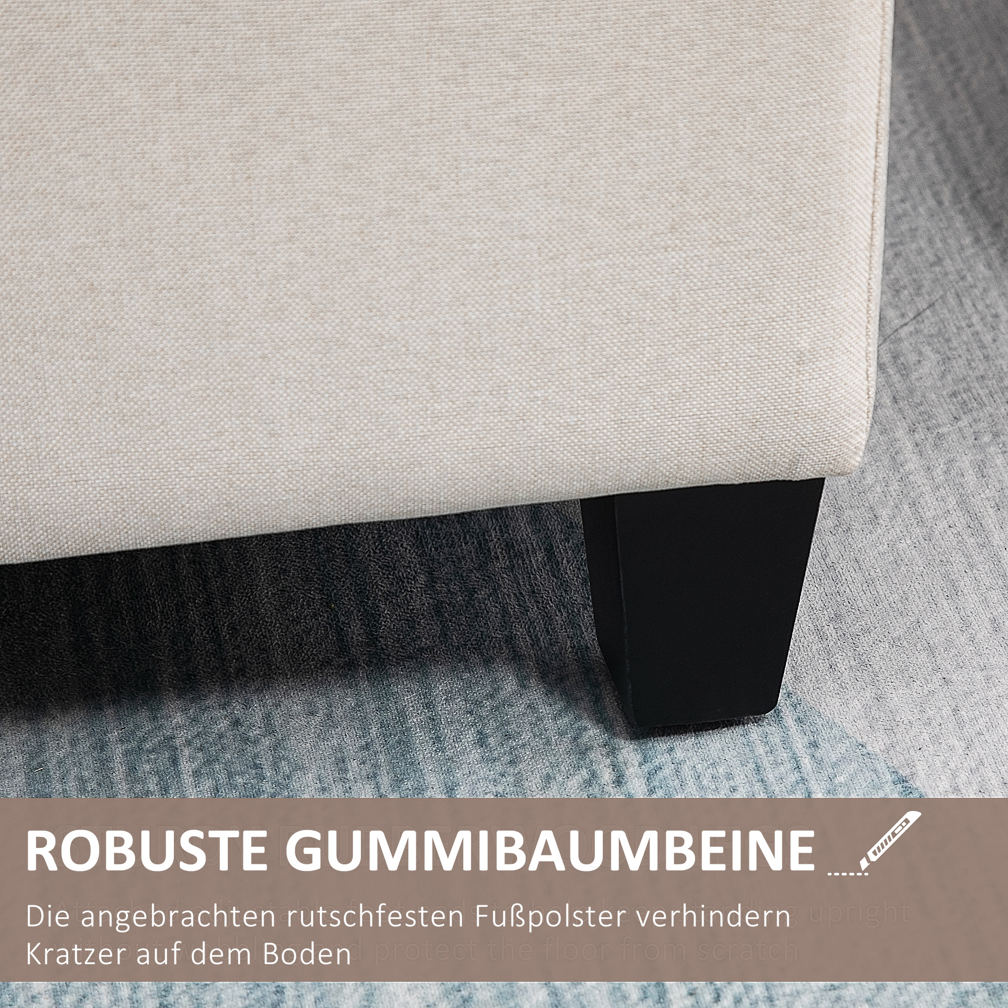 Sitzbank mit Stauraum Polsterbank mit Leinenoptik, Sitztruhe mit Holzbeine, Truhenbank für Wohnzimmer Schlafzimmer Flur 100 x 40 x 44 cm Cremeweiß