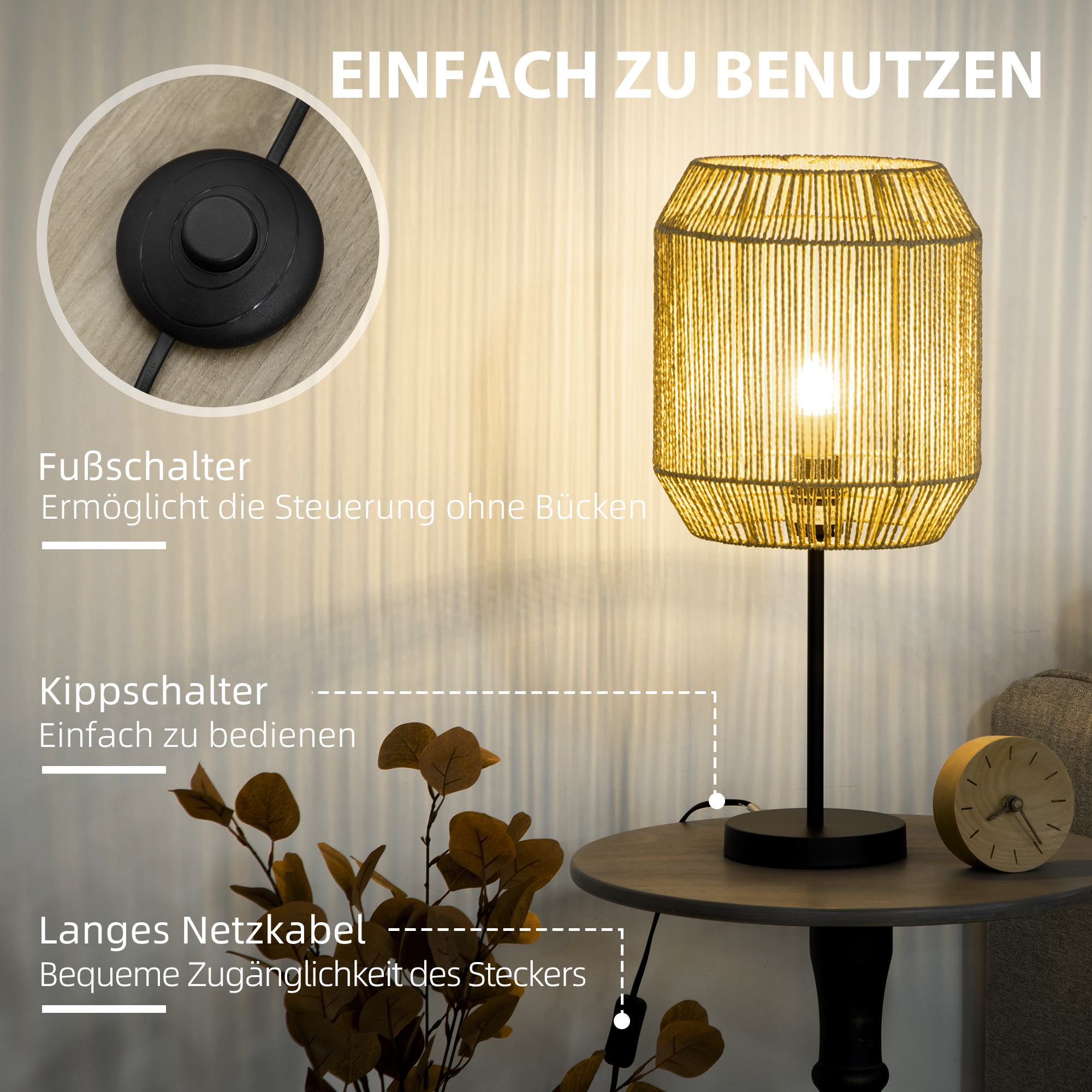 2-teiliges Leuchten-Set, 1 Stehleuchte, 1 Tischleuchte, 38 cm x 38 cm x 158 cm, Natur + Schwarz