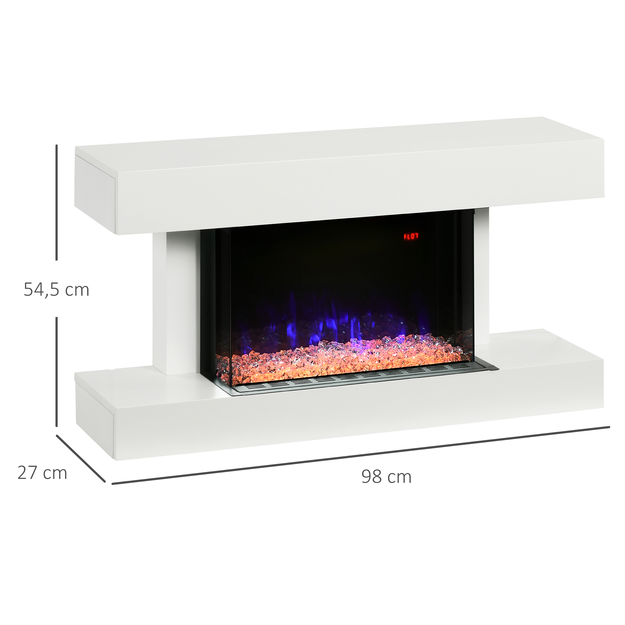 Elektrokamin, Wandkamin mit Heizung 2000 W, LED 3D-Flammeneffekt, Kristalle, in 11 Farben mit 3 Helligkeitsstufen, Elektrischer Kamin mit Fernbedienung, Timer, Wandmontage, Weiß