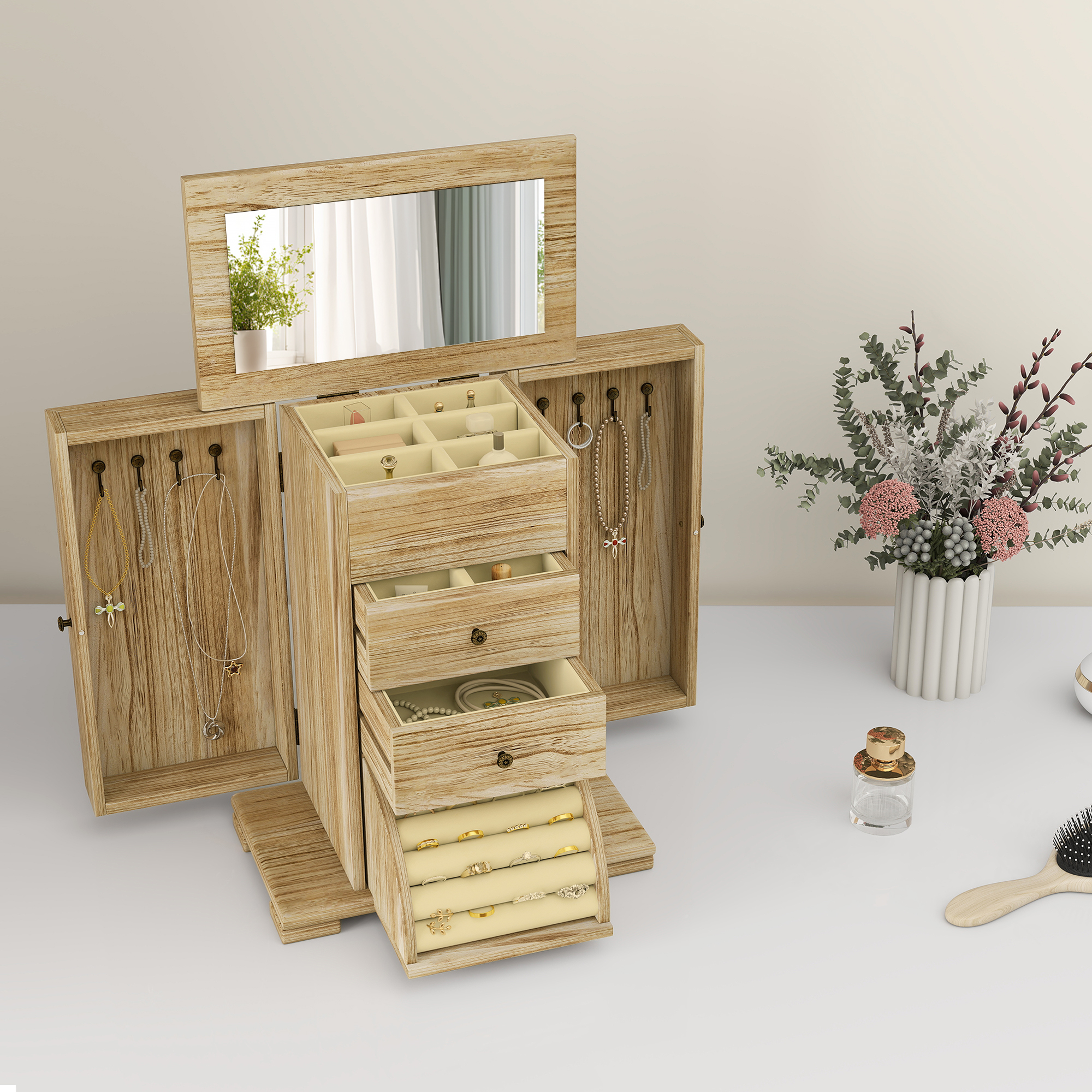 Schmuckbox, Schmuckschatulle, 4-stufiges Layout, integrierter Spiegel, Holz, Braun