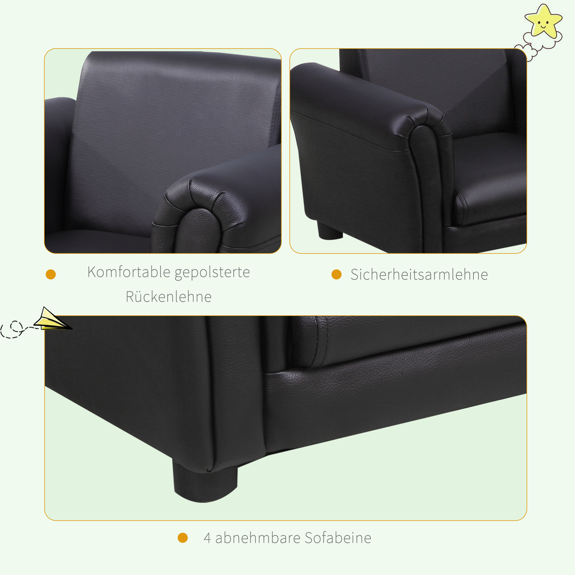 Kindersessel mit Fußhocker Kindercouch Kindersofa Minisofa für 1,5-3 Jahre Kinder Kindermöbel Holz Schwarz 54 x 42 x 41 cm