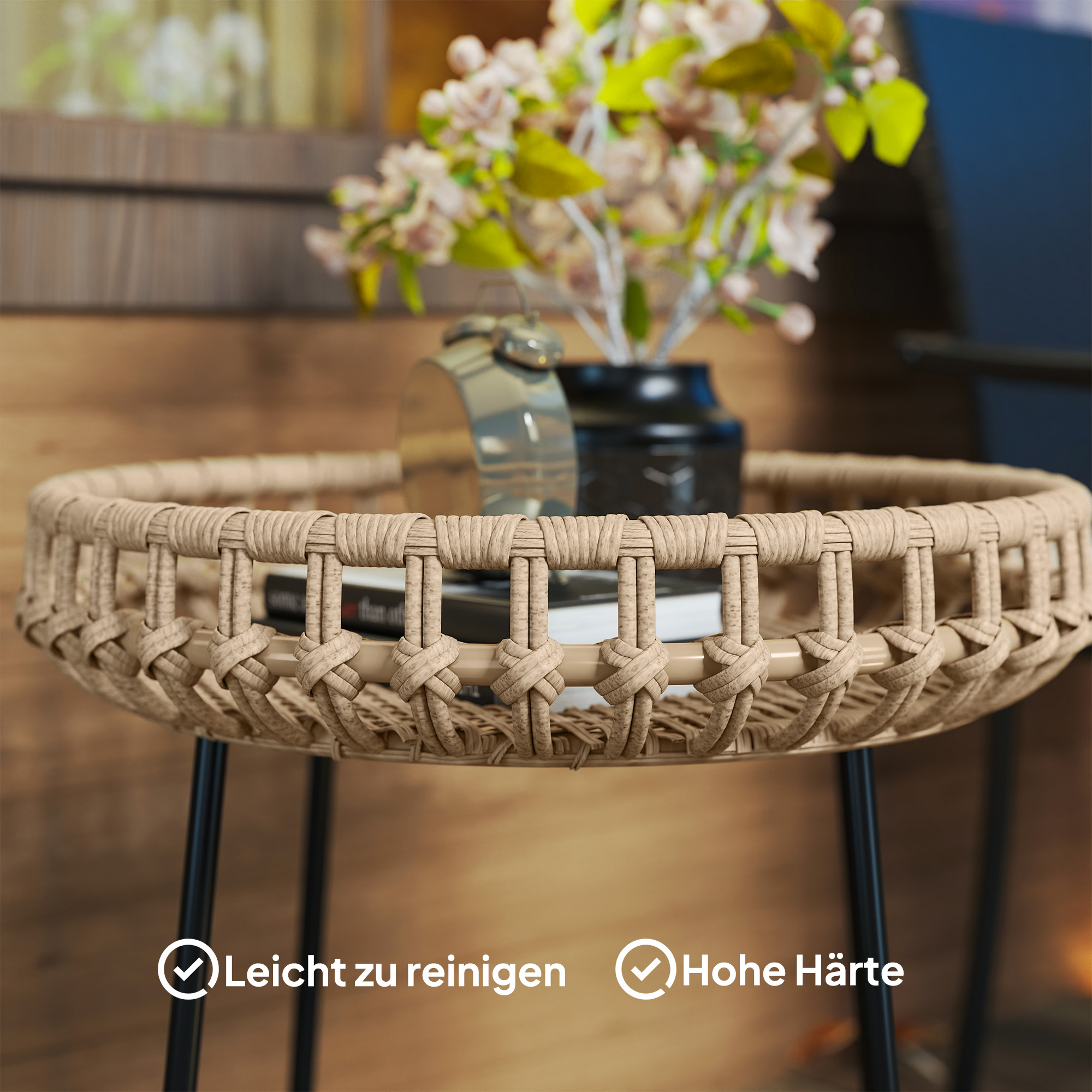 2er Set Beistelltisch Polyrattan Ø60/41 cm rund wetterfest Gartentisch mit X-Beine Verstellbare Fußpads Braun