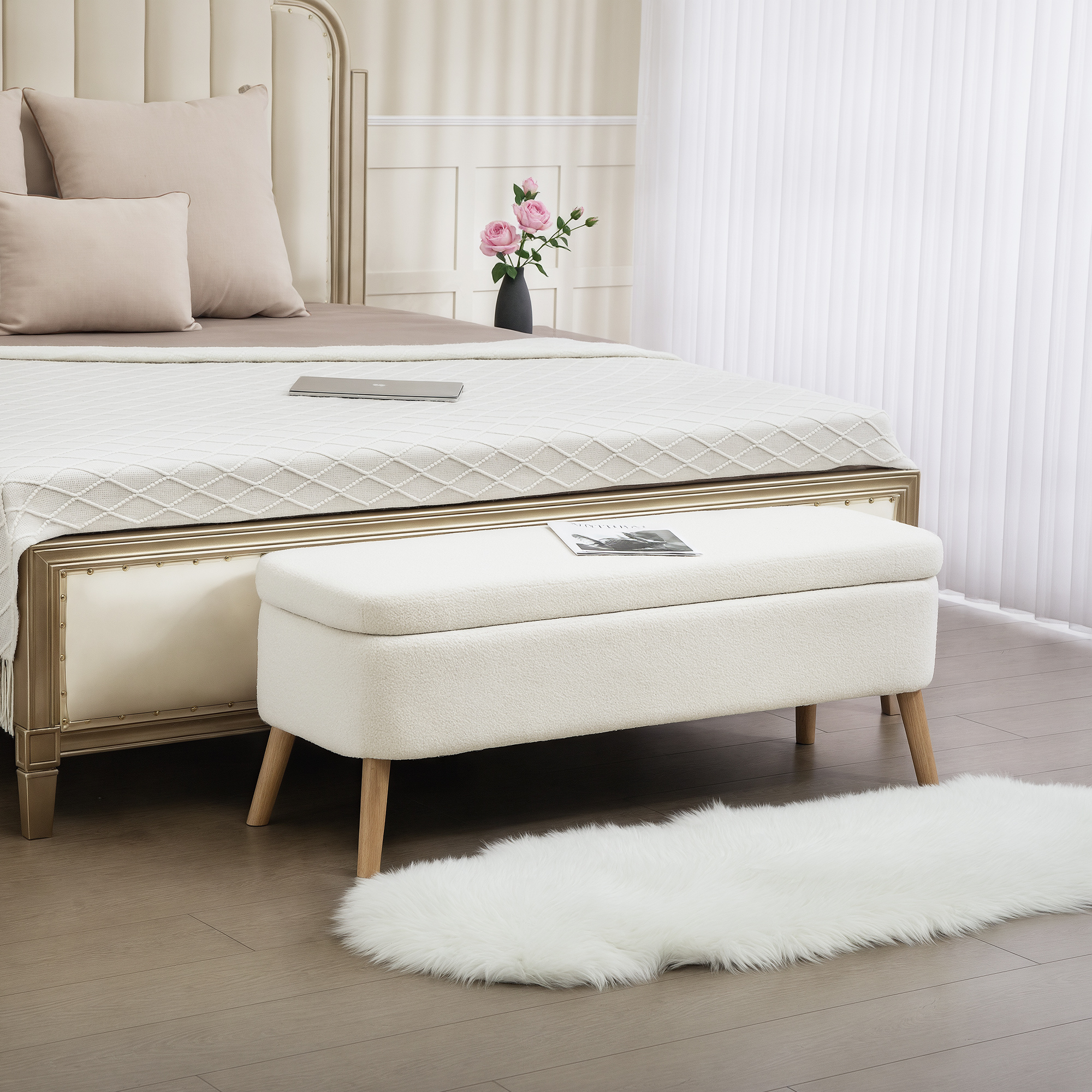 Aufbewahrungshocker, Sitzhocker mit 65 L Stauraum, Fußhocker, Fleece-Stoff, Kautschukholz, Schaumstoff, 120 x 42 x 45 cm, Cremeweiß