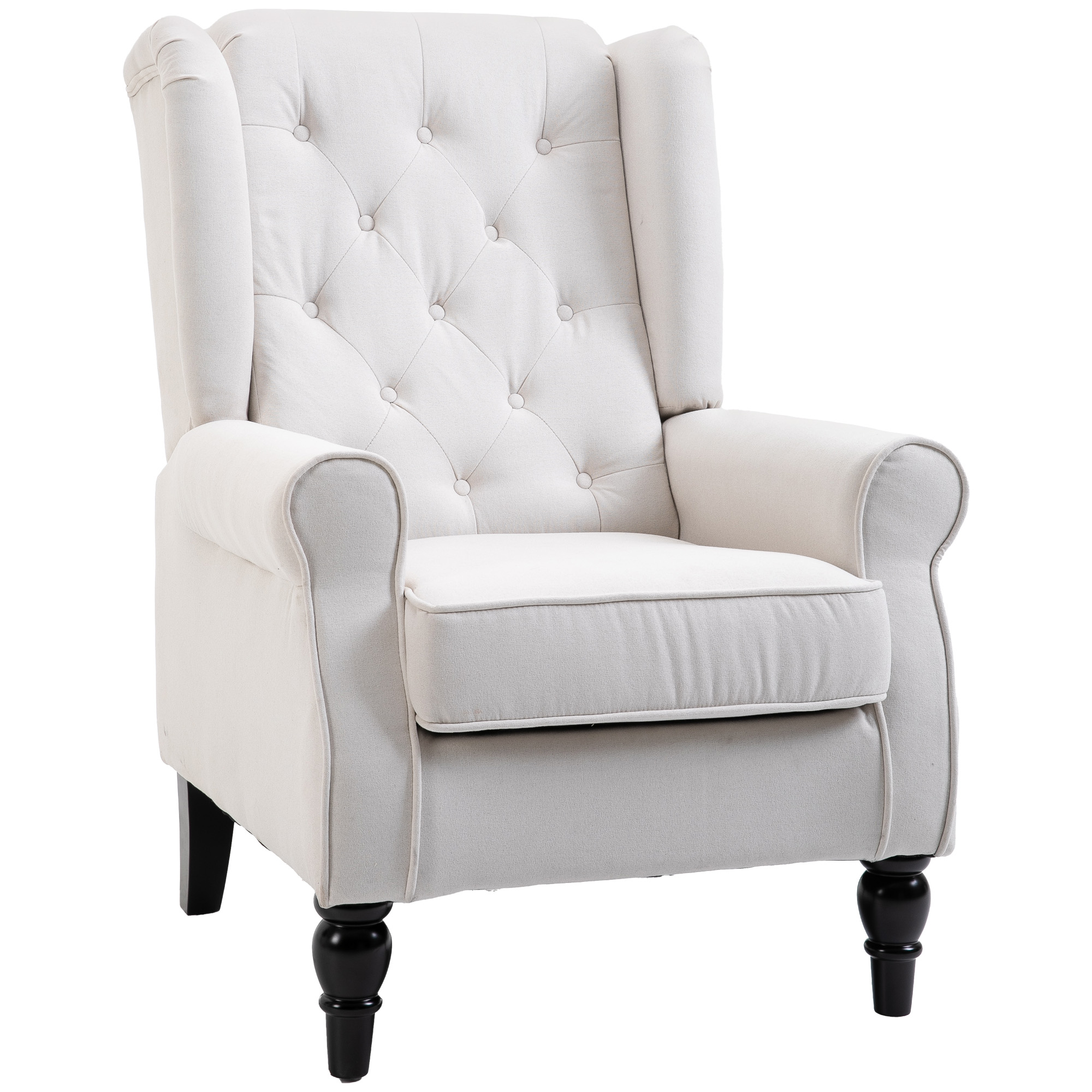Ohrensessel Relaxsessel Sessel, Vintage-Design, Knopfheftung, gedrechselte Beine, 74 cm x 86 cm x 102 cm,  Cremeweiß