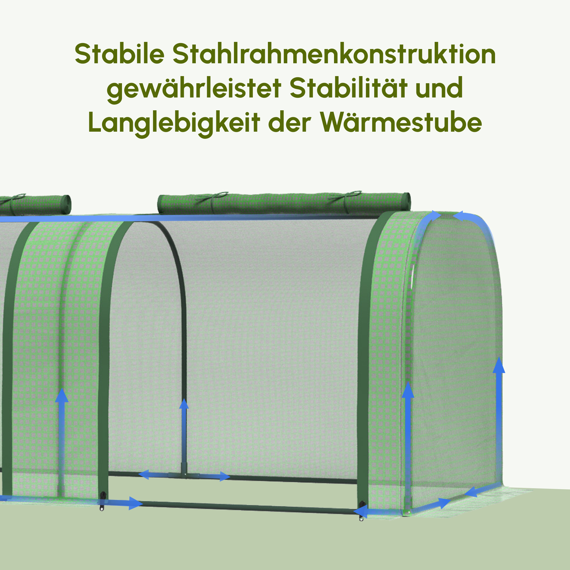 Foliengewächshaus, drei aufrollbare Türen, robuste Plane, Stahlrahmen, grün, 2,95 x 1 x 0,8 m