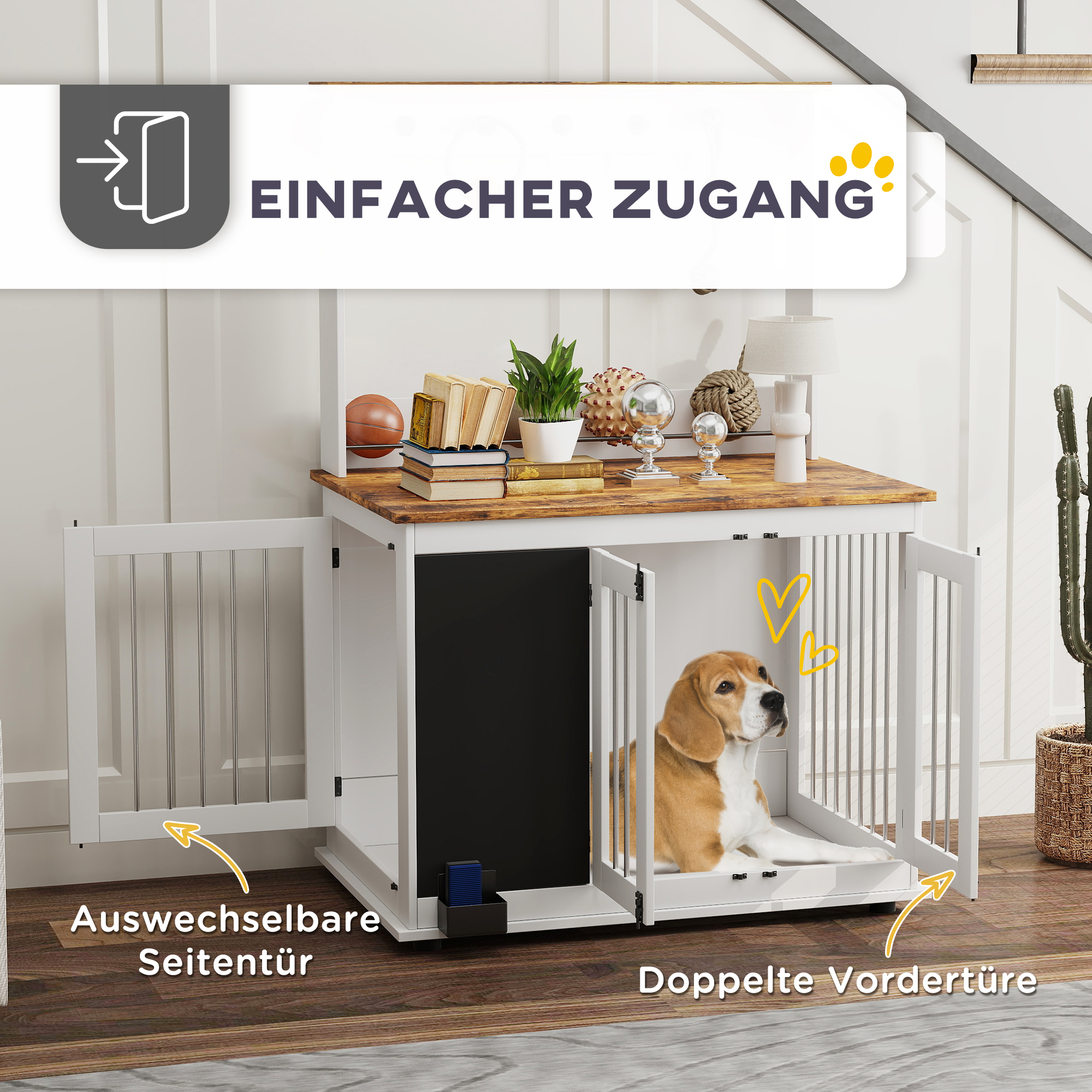 Hundebox mit Aufbewahrungsregal für Spielzeug, Haken für Leinen, Schreibtafel, Radiergummi, für große Hunde, Weiß