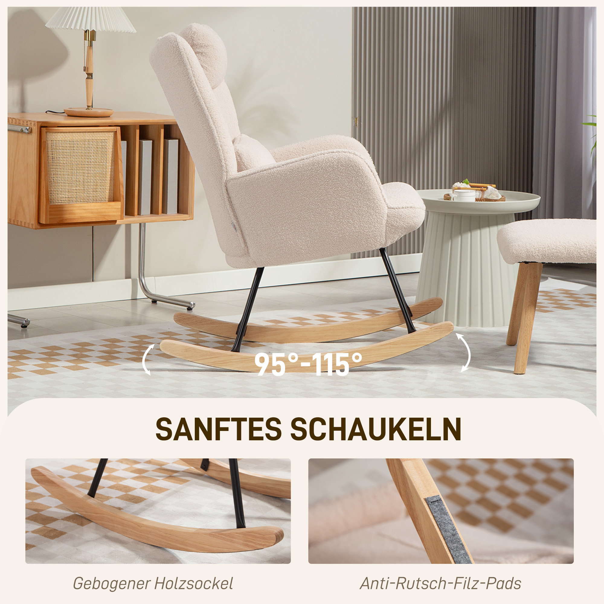 Schaukelstuhl mit Fußhocker, weicher Fleece-Bezug, Holzbeine, Kissen, hohe Rückenlehne, Schaukelsessel, Beige