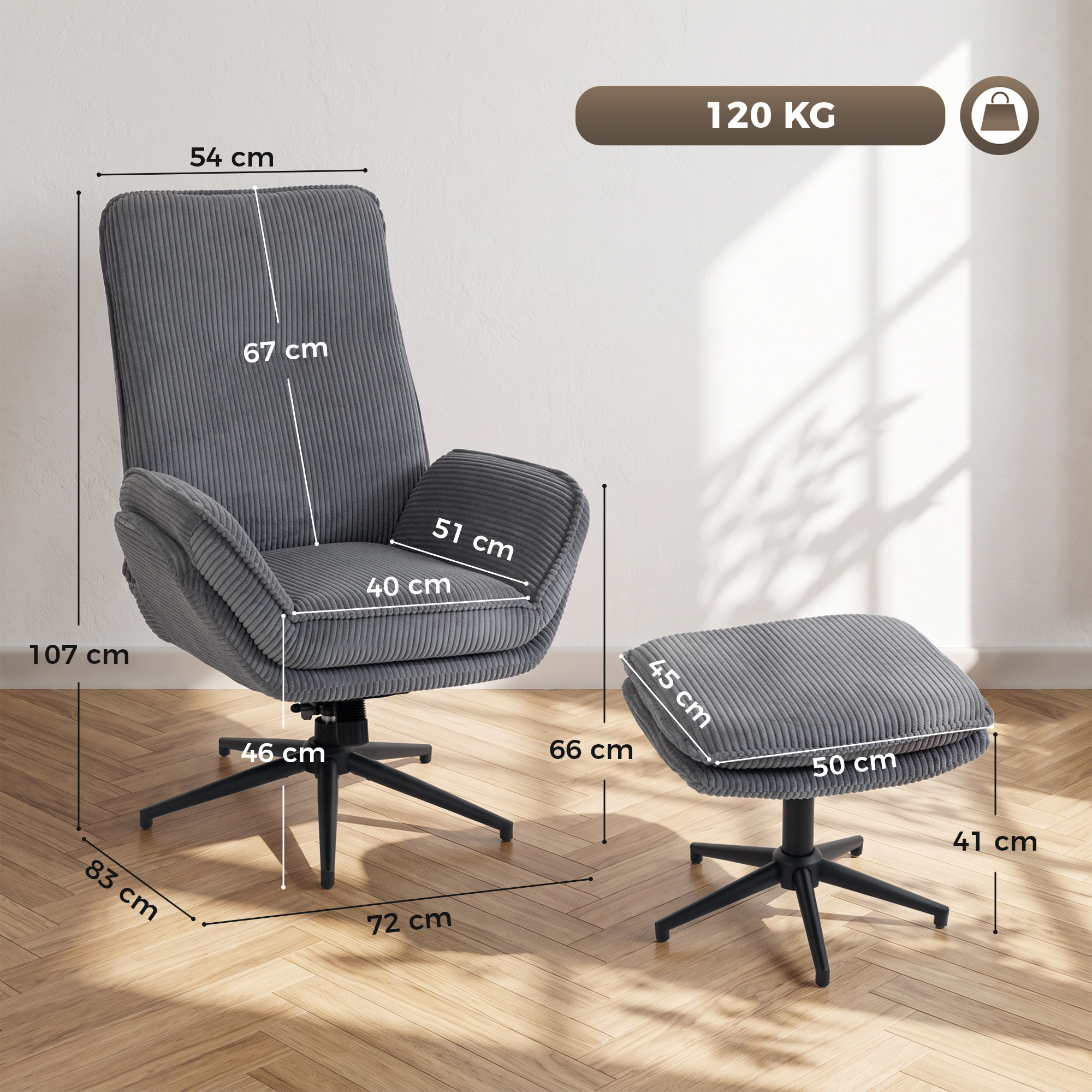 Relaxsessel mit 130° Liegefunktion, Fernsehsessel mit Hocker und Stahlrahmen, Grau