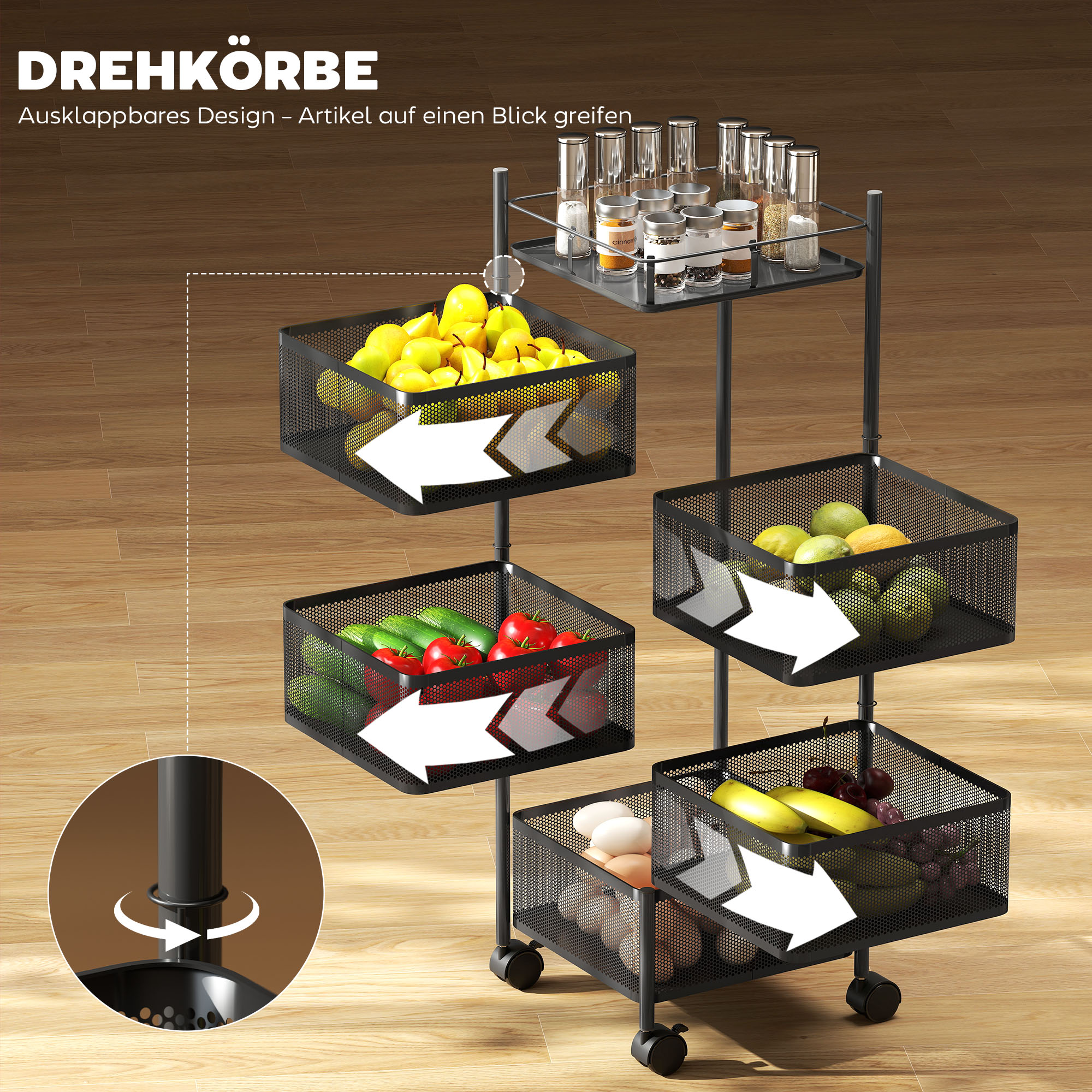 Küchenwagen, 5 drehbare Körbe, 4 Lenkrollen, Metallrahmen, Schwarz