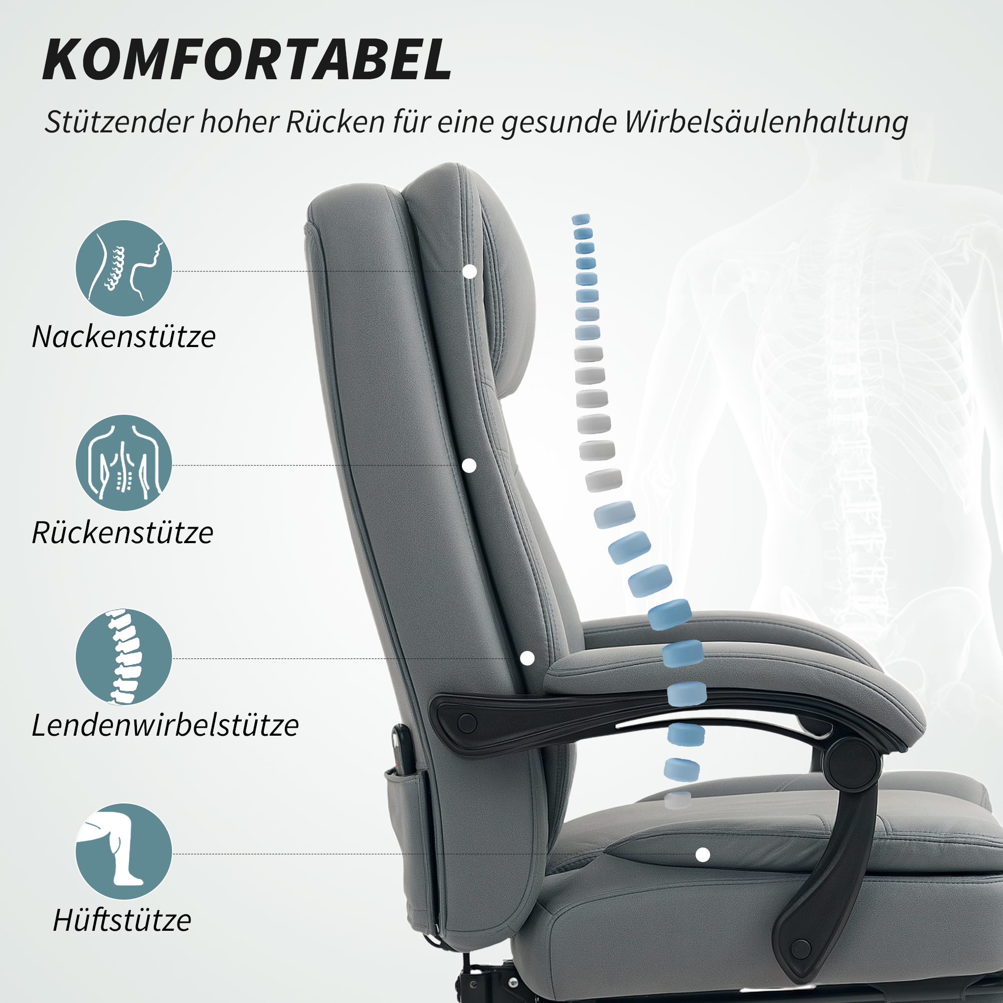 Bürostuhl mit Massagefunktion, höhenverstellbarer Schreibtischstuhl mit neigbarer Rückenlehne, gepolstert, rollbar, Grau