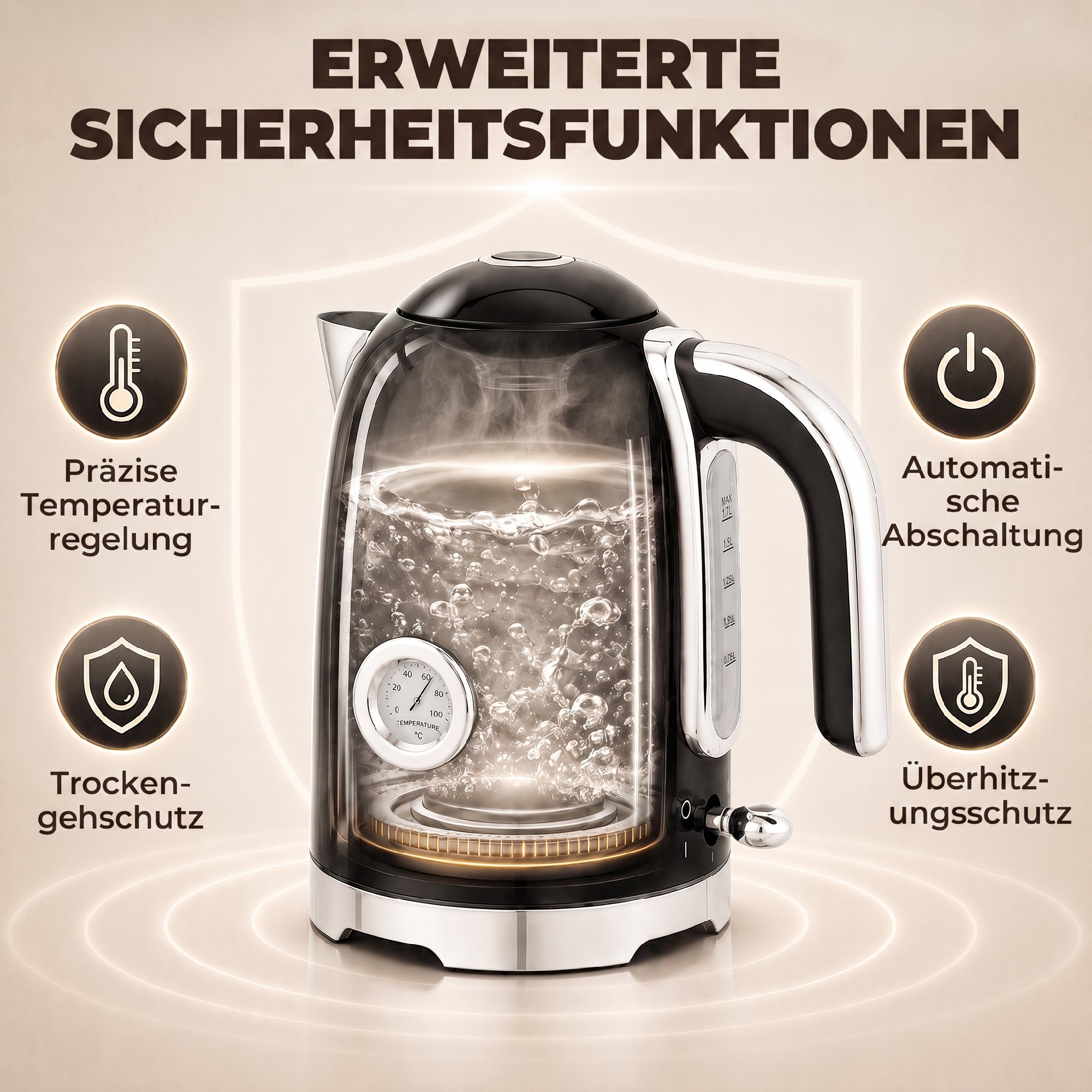Wasserkocher und Toaster Set mit Thermometer, 1,7 l, 2200 W Wasserkocher, 2-Scheiben-Toaster mit 7 Bräunungsstufen