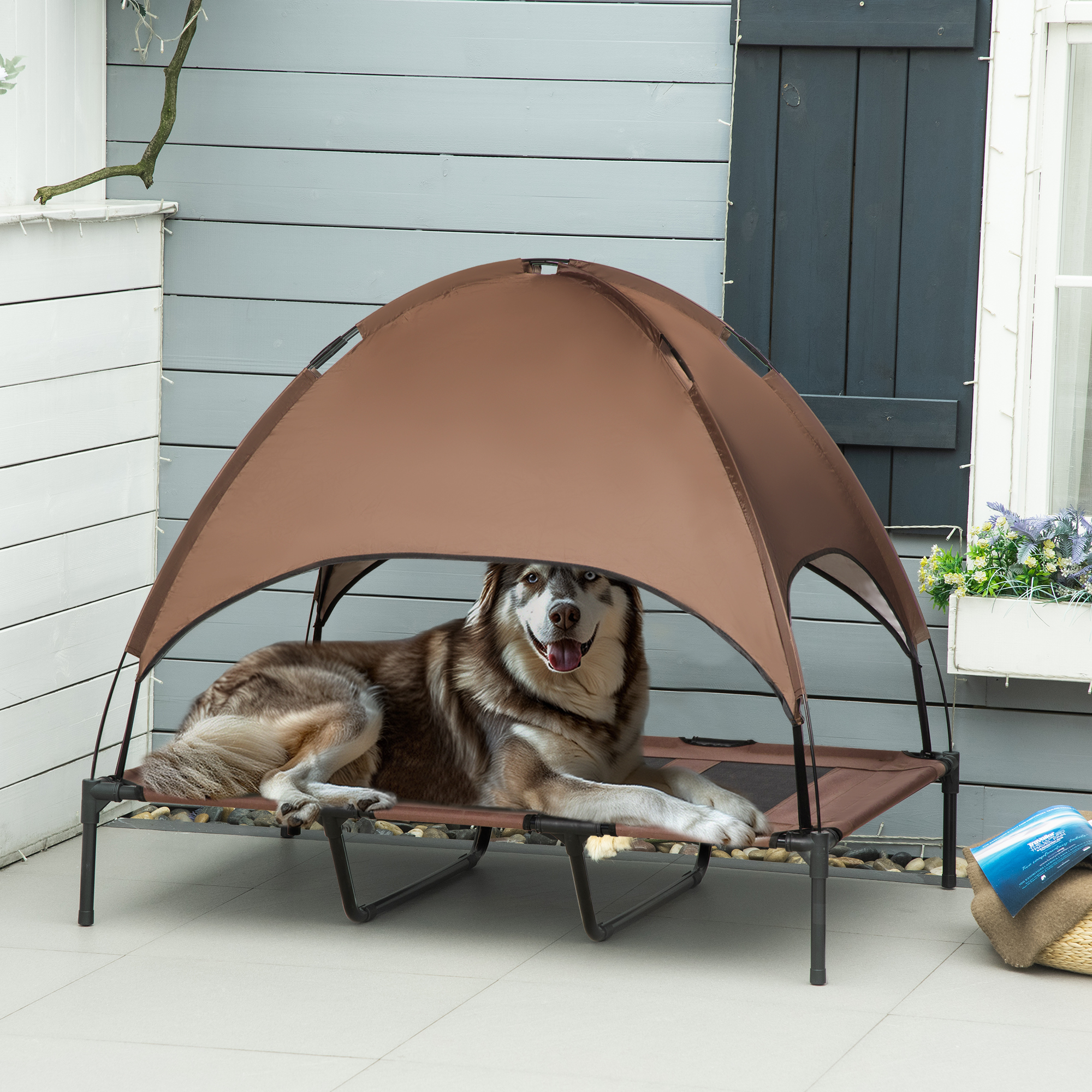 Erhöhtes Hundebett mit Baldachin, Haustierbett, Hundeliege outdoor mit Dach, Atmungsaktiv, Taftstoff für Camping Kaffee 122 x 92 x 108 cm
