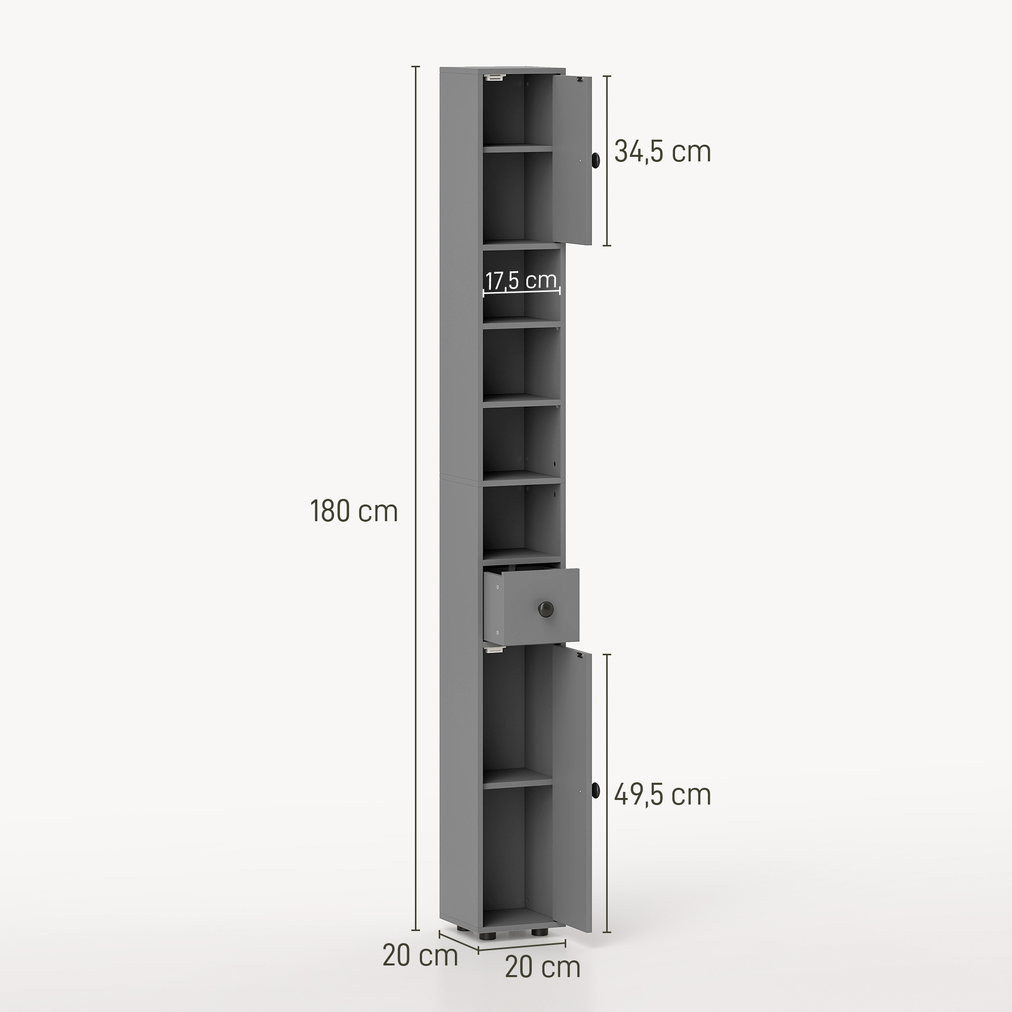 Badezimmerschrank, 4 Regale, Schublade, Spanplatte, schlankes Design, Grau