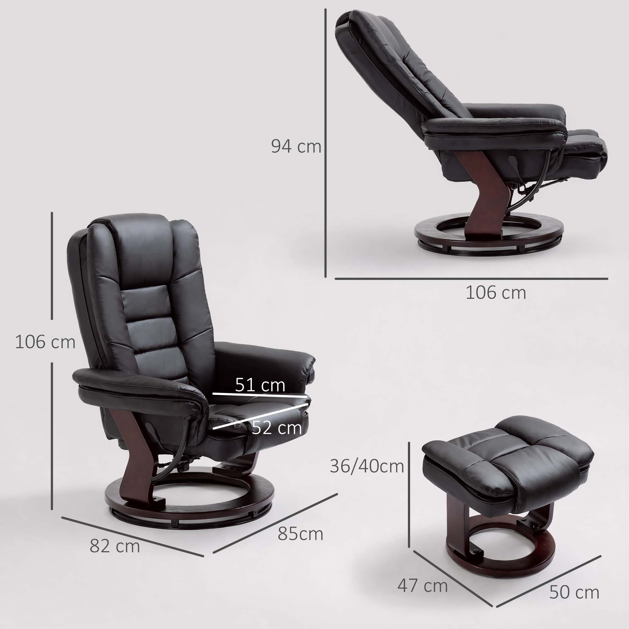 Relaxsessel mit Hocker, Liegesessel, drehbar, neigbare Lehne, Lederoptik, bis 130 kg, Schwarz