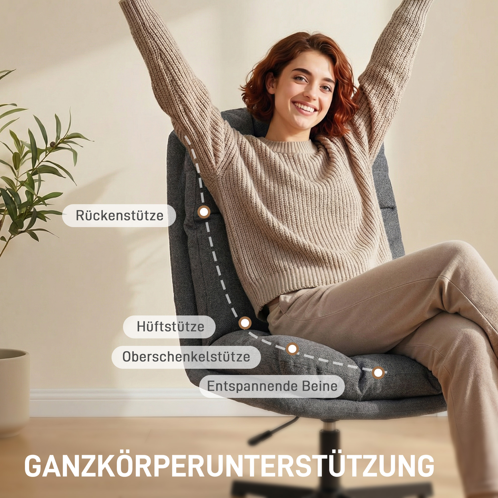 Drehbarer Akzentstuhl, Lesesessel aus Stoff in Leinenoptik ohne Armlehnen mit breitem Sitz und Metallbeinen, Dunkelgrau