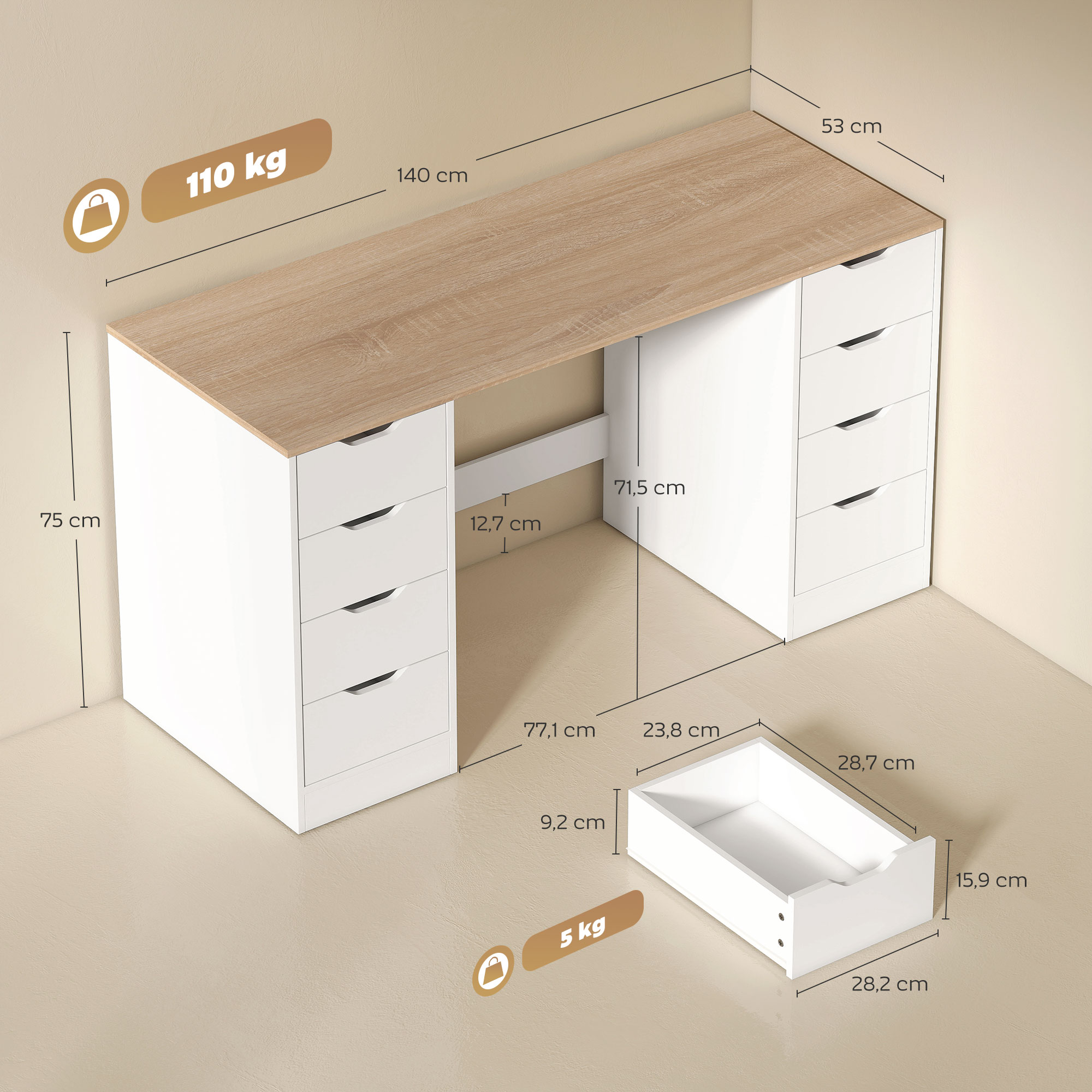 140 cm Computertisch, 8 Schubladen, Schreibtisch für Homeoffice, Schlafzimmer, Stahl, Holz, Weiß