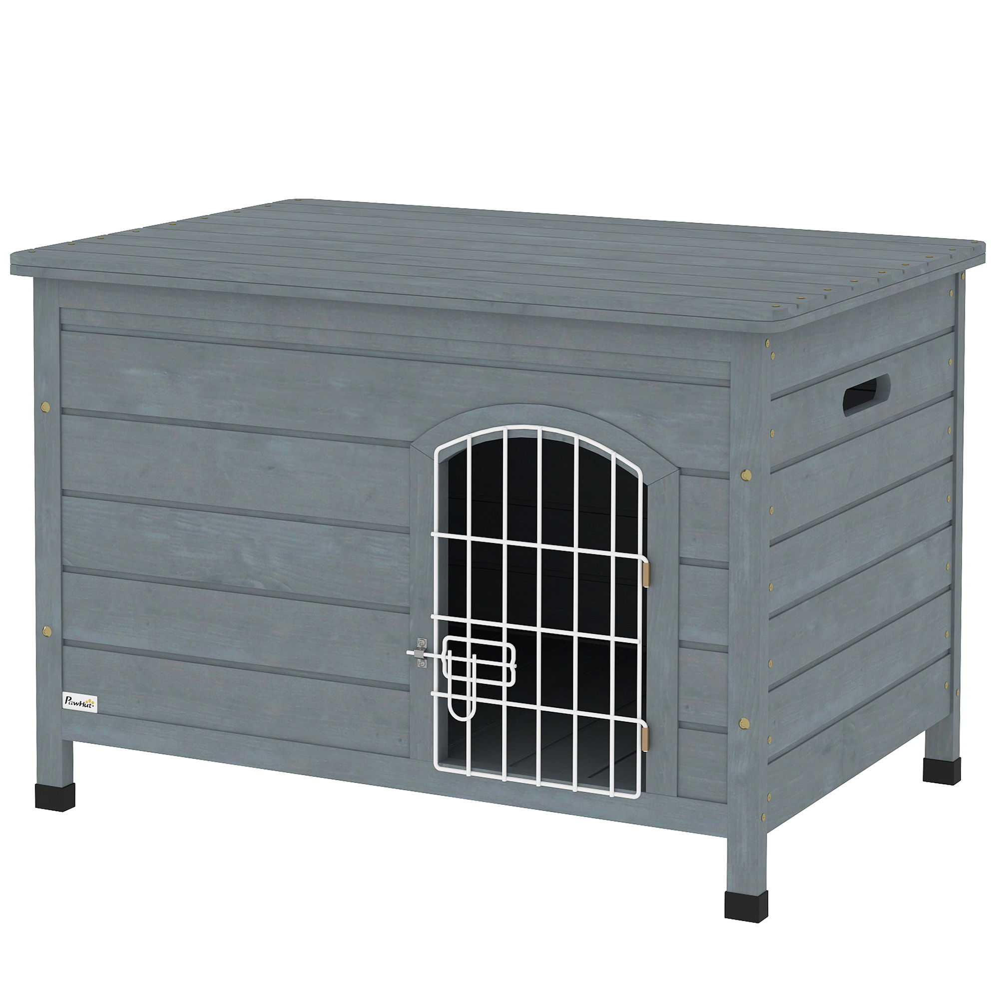 Hundehütte, Hundehaus mit Tür, Hundebox, Haustierhütte, Tannenholz, Dunkelgrau
