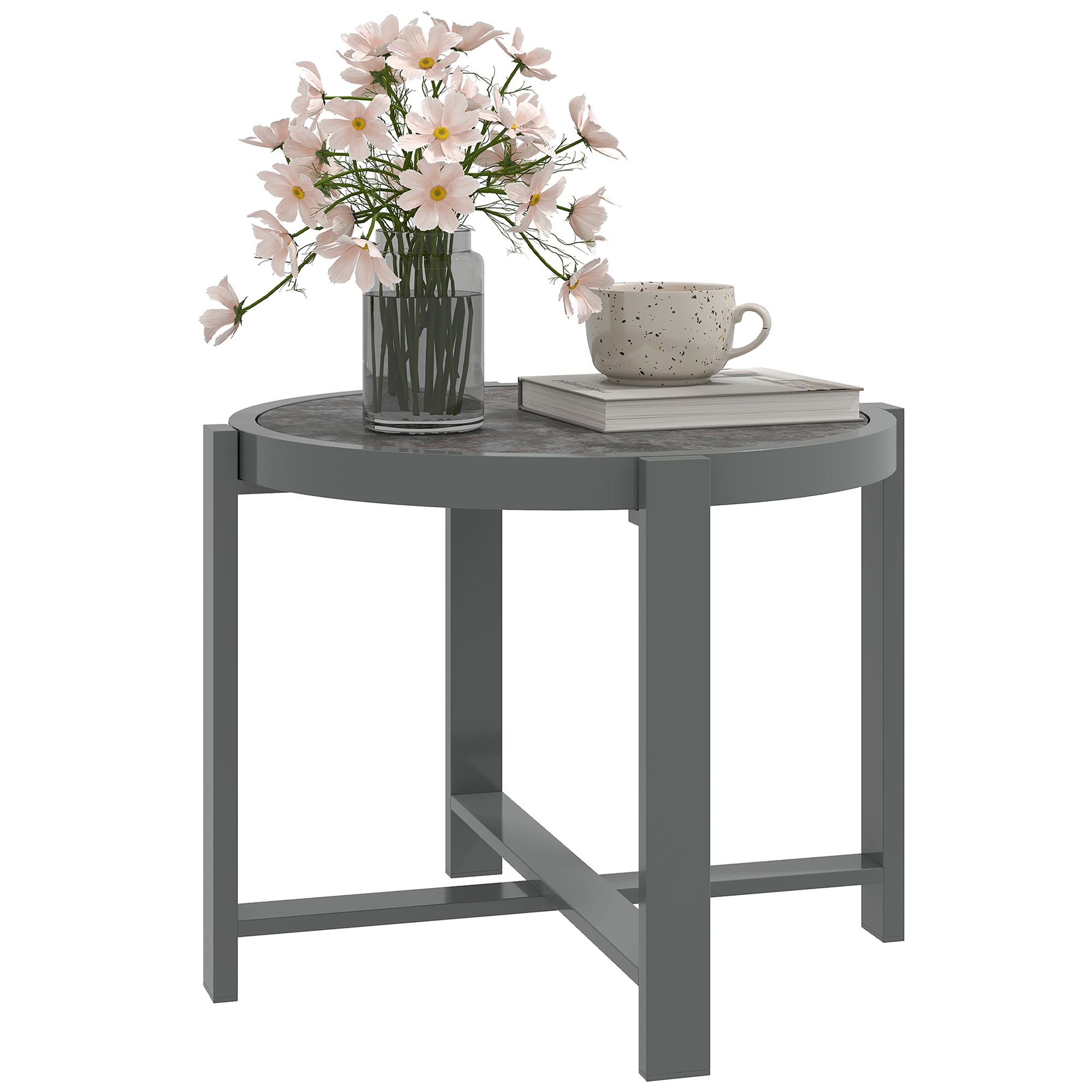 Beistelltisch Gartentisch Rund wetterfest Aluminium Balkontisch mit Marmoroptik Grau