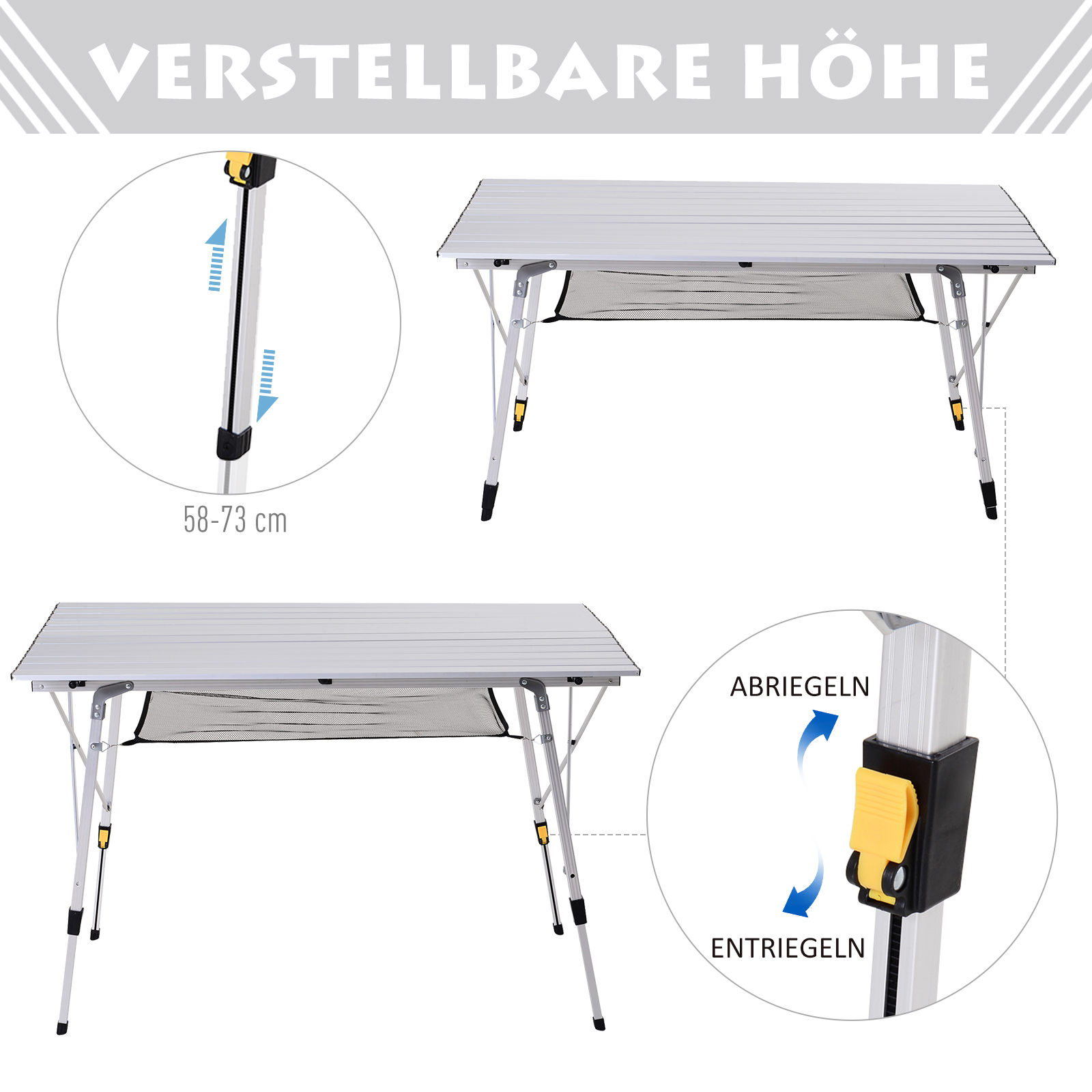 Picknick Klapptisch, Falttisch, Höhenverstellbarer Campingtisch, Inkl. Tragetasche, Aluminium, Silber, 120 x 69 x 59-78 cm