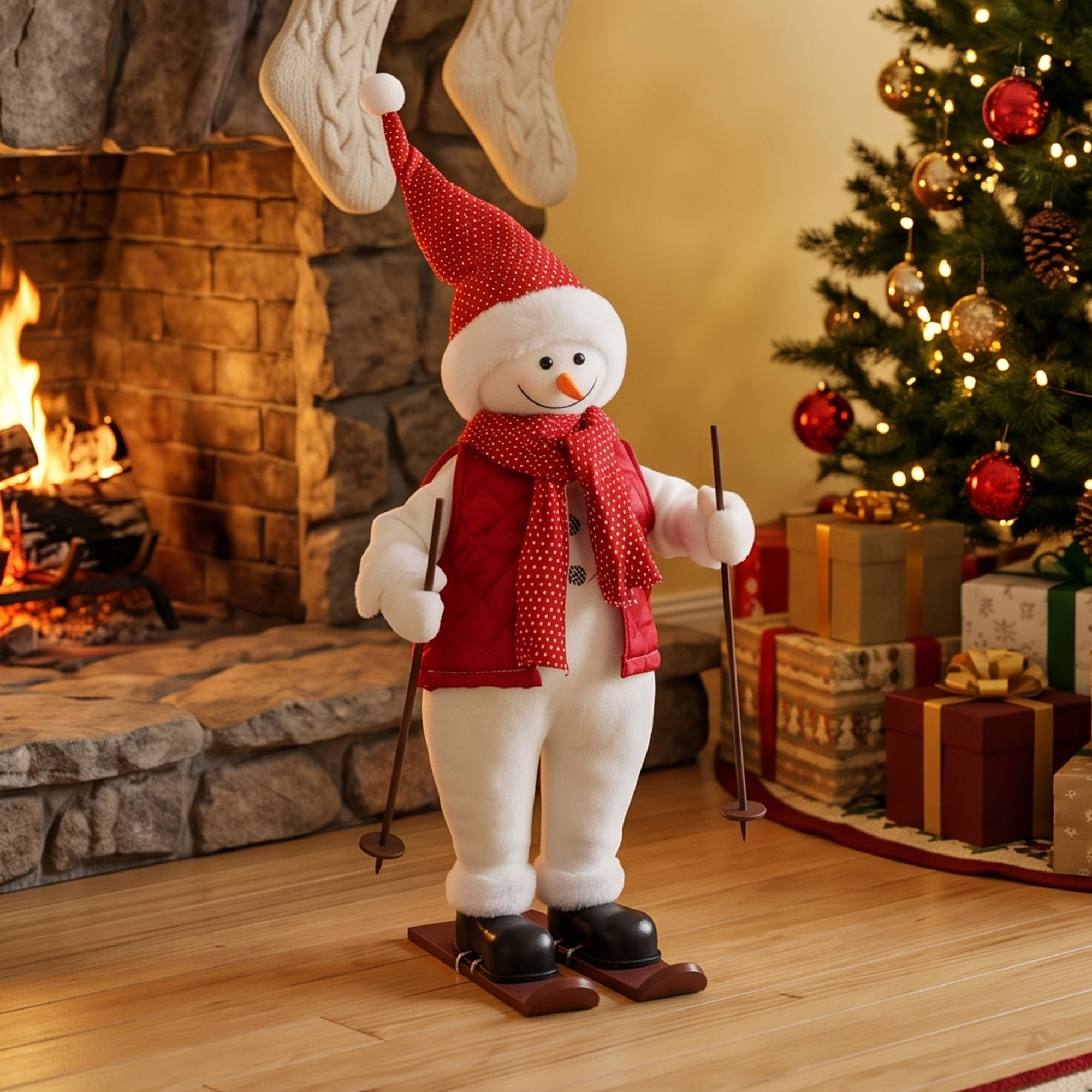 Singender Skifahrer-Weihnachtsmann, 65 cm, animierte Weihnachtsfigur mit Skiern, Stöcken und Sound-/Berührungsaktivierung