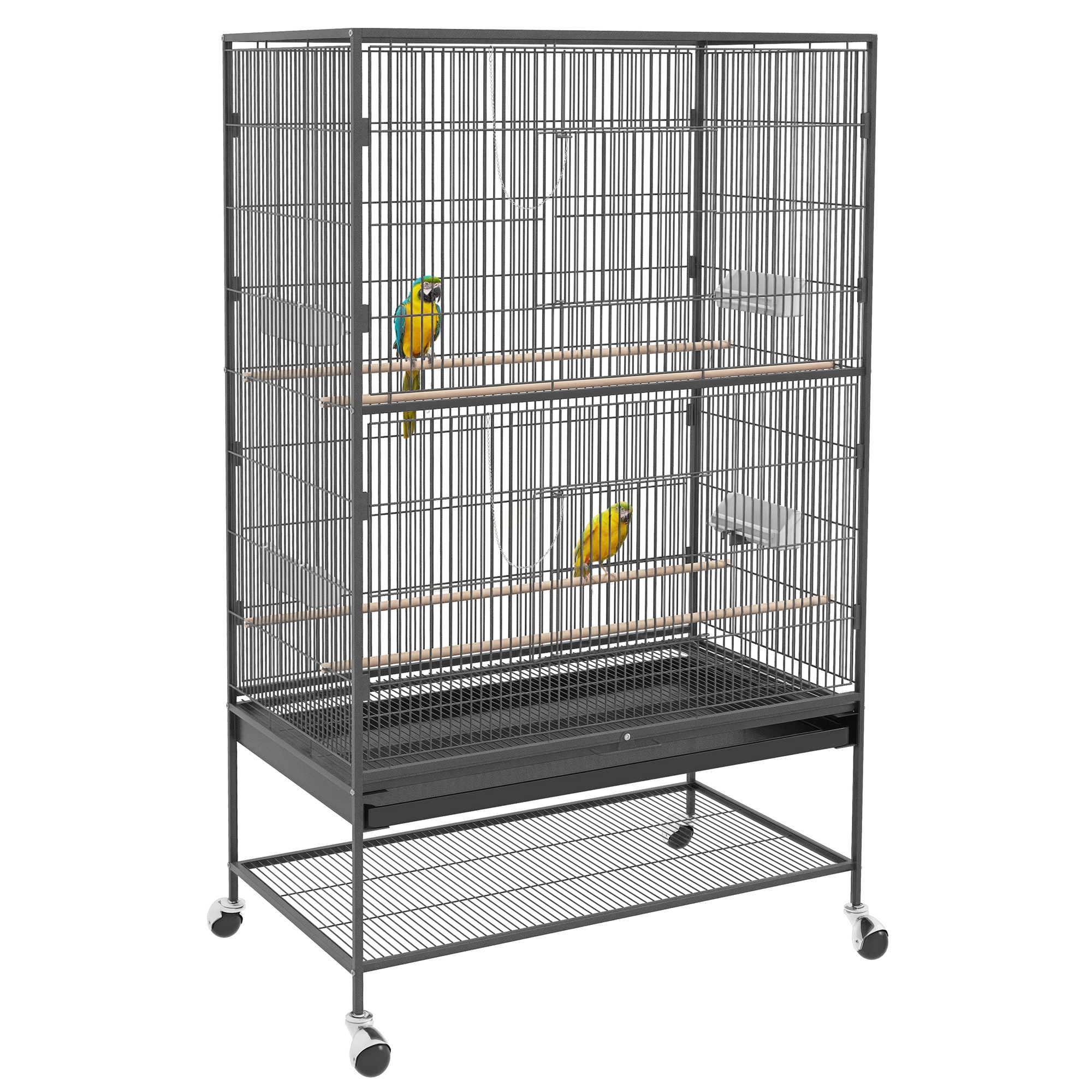Vogelkäfig inklusive Sitzstangen, Vogelspielzeug, herausnehmbare Bodenwanne, 1 Ablage, Grau
